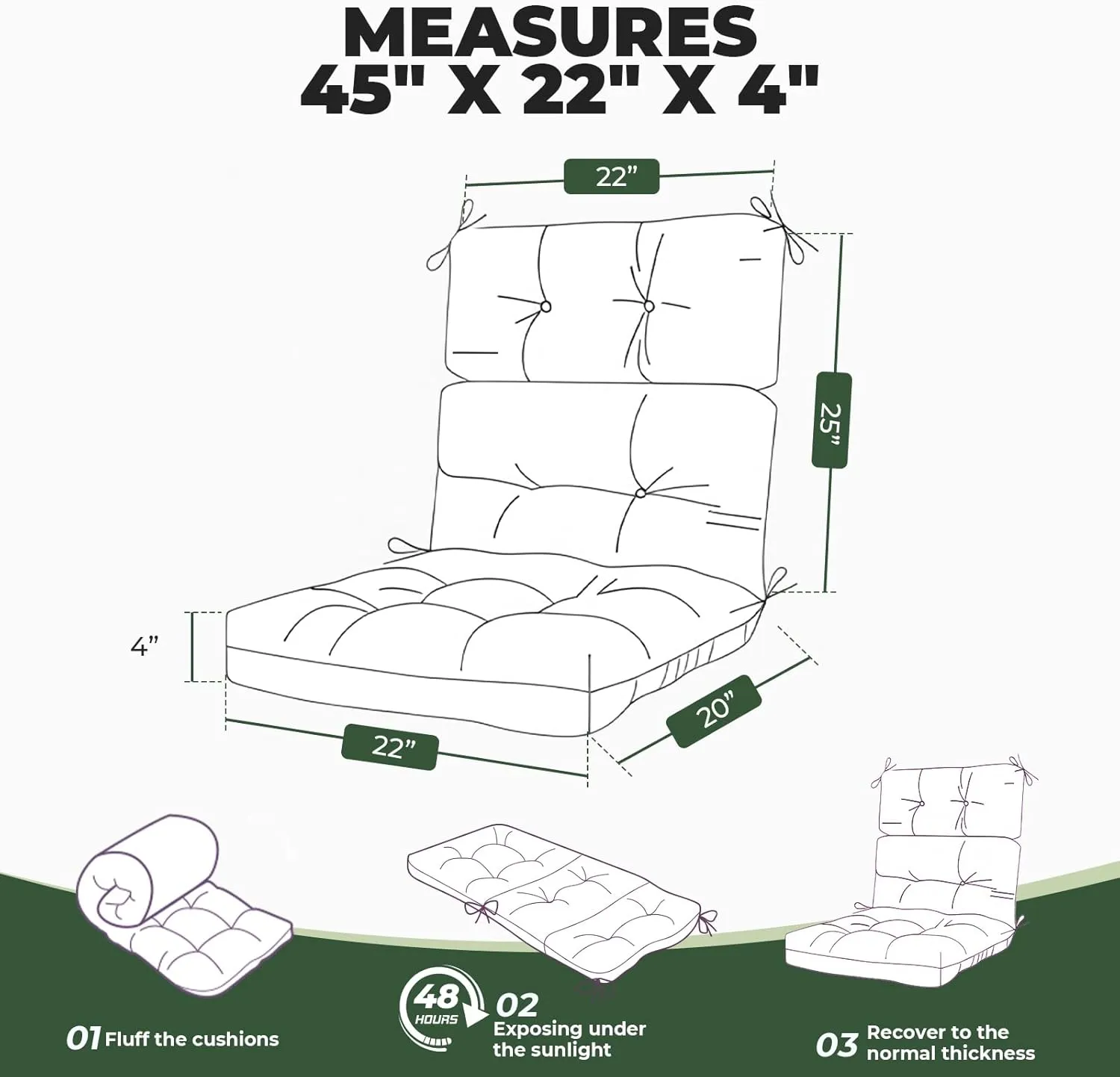 Outdoor/Indoor High Back Chair Cushion, Waterproof Outdoor Rocking Chair Cushion with Ties, Tufted Replacement Seat Cushions for Outdoor Furniture, Green