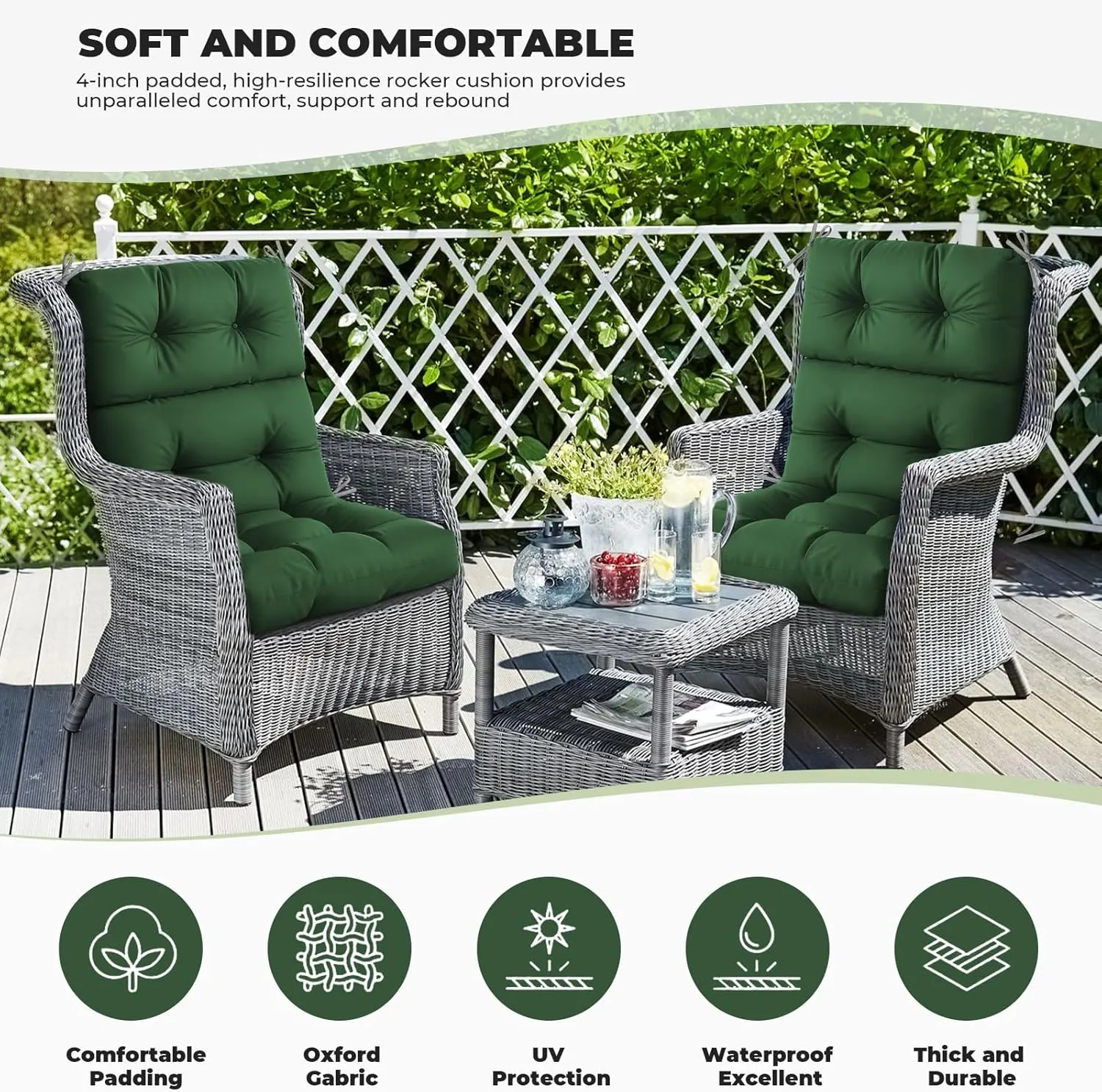 Outdoor/Indoor High Back Chair Cushion, Waterproof Outdoor Rocking Chair Cushion with Ties, Tufted Replacement Seat Cushions for Outdoor Furniture, Green