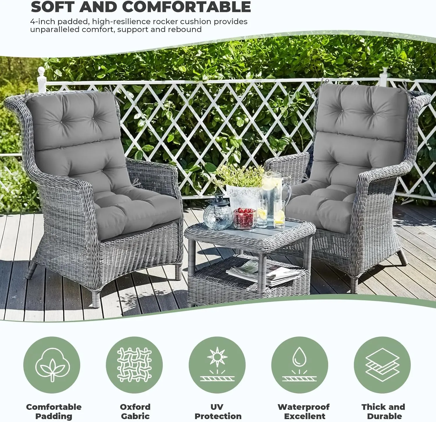 Outdoor/Indoor High Back Chair Cushion, Waterproof Outdoor Rocking Chair Cushion with Ties, Tufted Replacement Seat Cushions for Outdoor Furniture, Grey