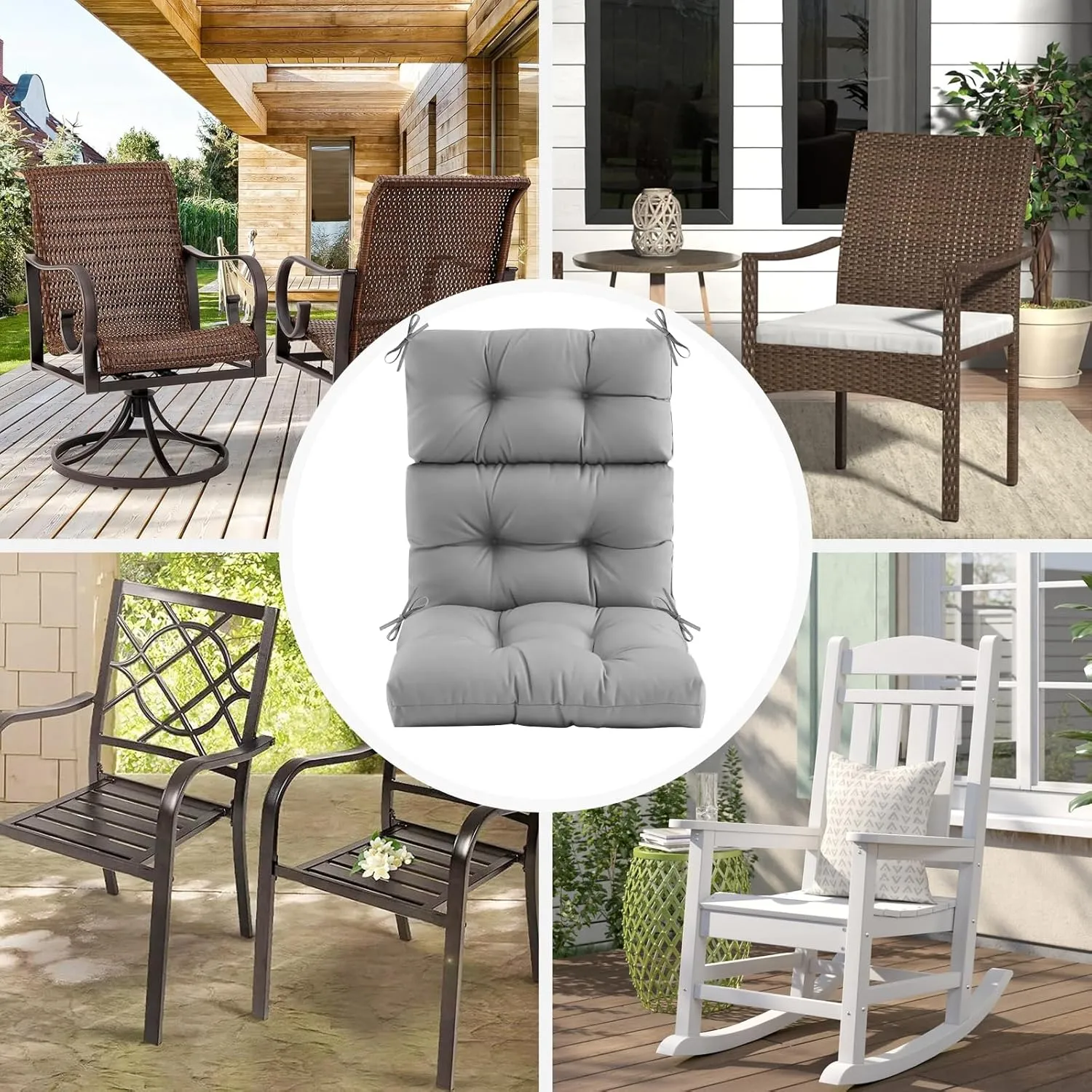 Outdoor/Indoor High Back Chair Cushion, Waterproof Outdoor Rocking Chair Cushion with Ties, Tufted Replacement Seat Cushions for Outdoor Furniture, Grey