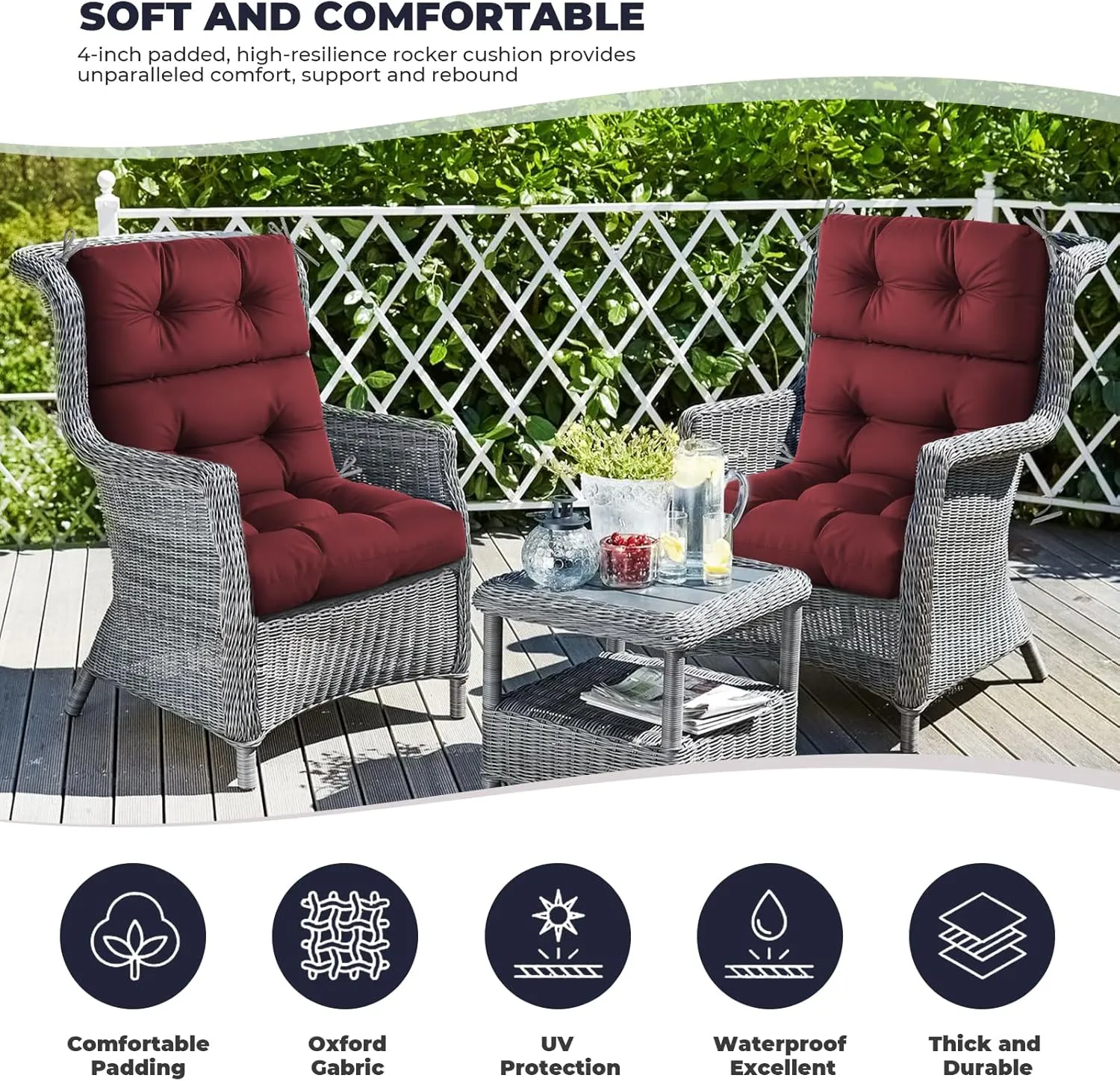 Outdoor/Indoor High Back Chair Cushion, Waterproof Outdoor Rocking Chair Cushion with Ties, Tufted Replacement Seat Cushions for Outdoor Furniture, Red