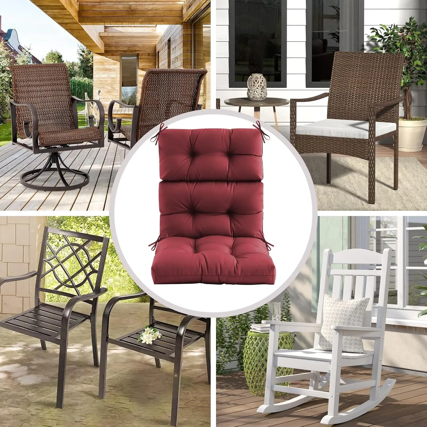 Outdoor/Indoor High Back Chair Cushion, Waterproof Outdoor Rocking Chair Cushion with Ties, Tufted Replacement Seat Cushions for Outdoor Furniture, Red