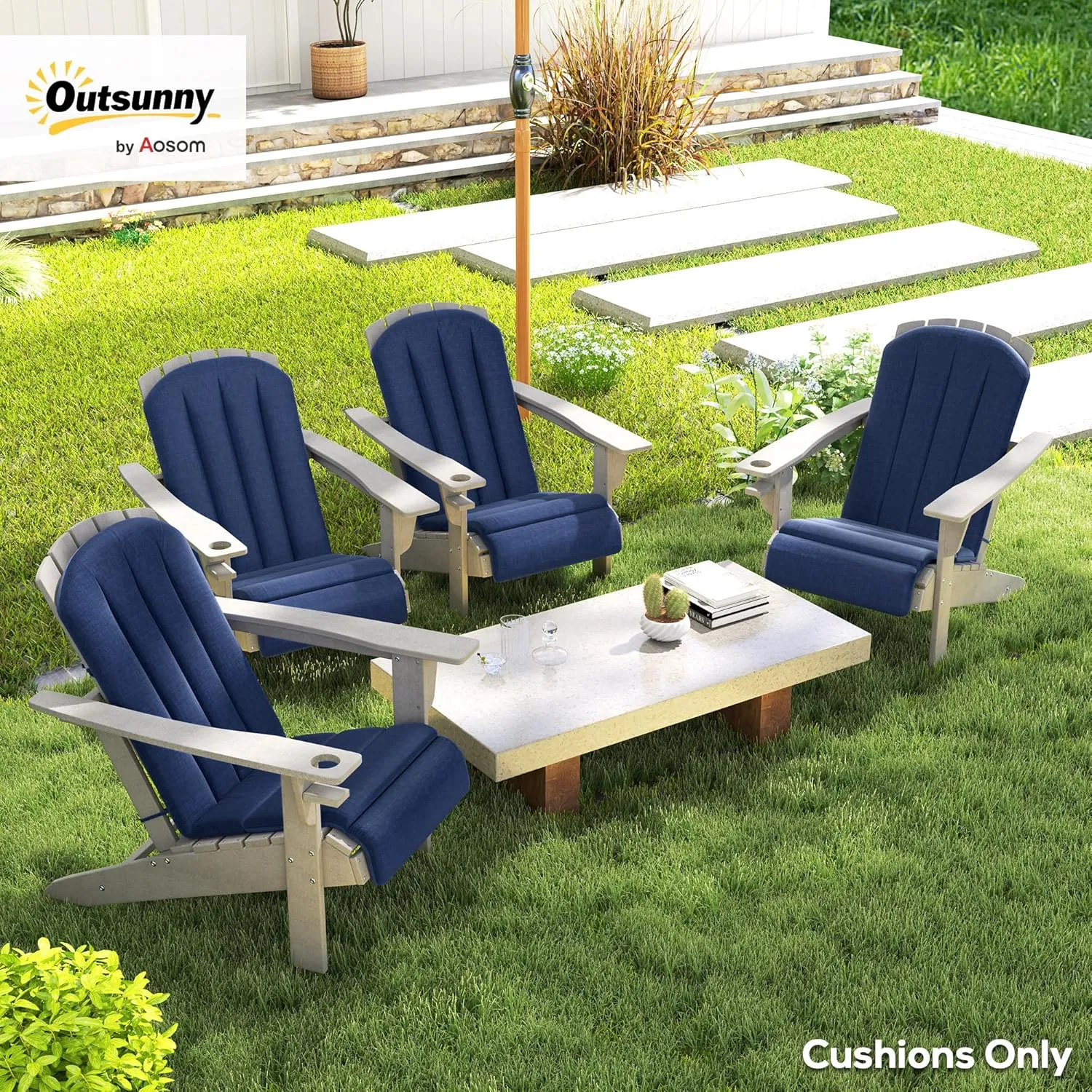Outsunny Adirondack Chair Cushion Set of 4, Outdoor Chair Cushions with Ties, 25D High-Density Foam, High Back Patio Chair Cushions, Fade Resistant for Patio Furniture, 49" x 20" x 2", Navy Blue