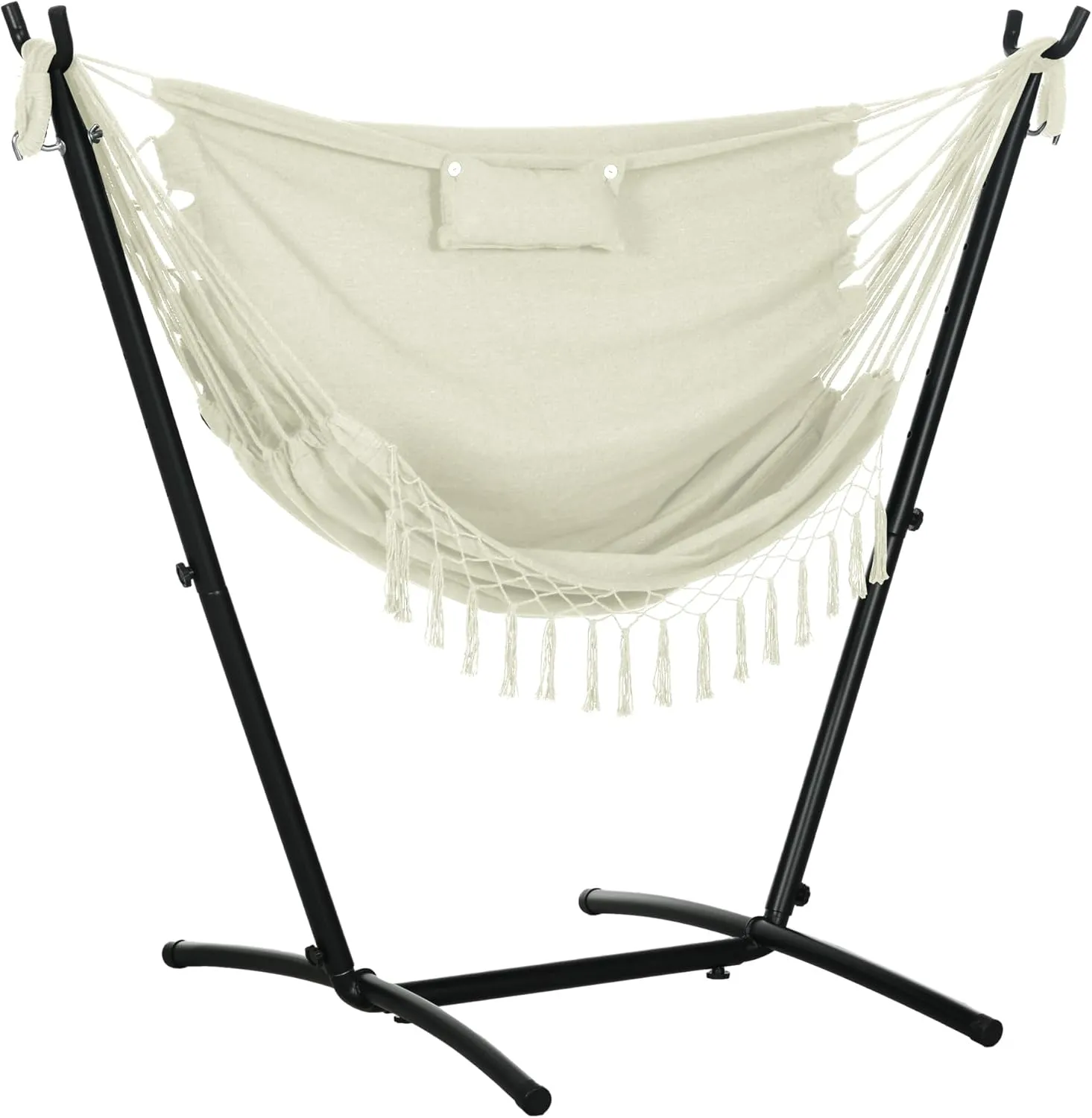 Outsunny Patio Hammock Chair with Stand, Outdoor Hammock Swing Hanging Lounge Chair with Side Pocket and Headrest, Cream White