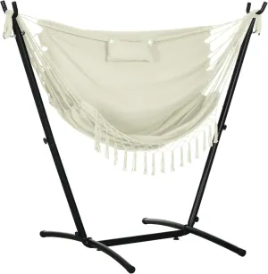 Outsunny Patio Hammock Chair with Stand, Outdoor Hammock Swing Hanging Lounge Chair with Side Pocket and Headrest, Cream White
