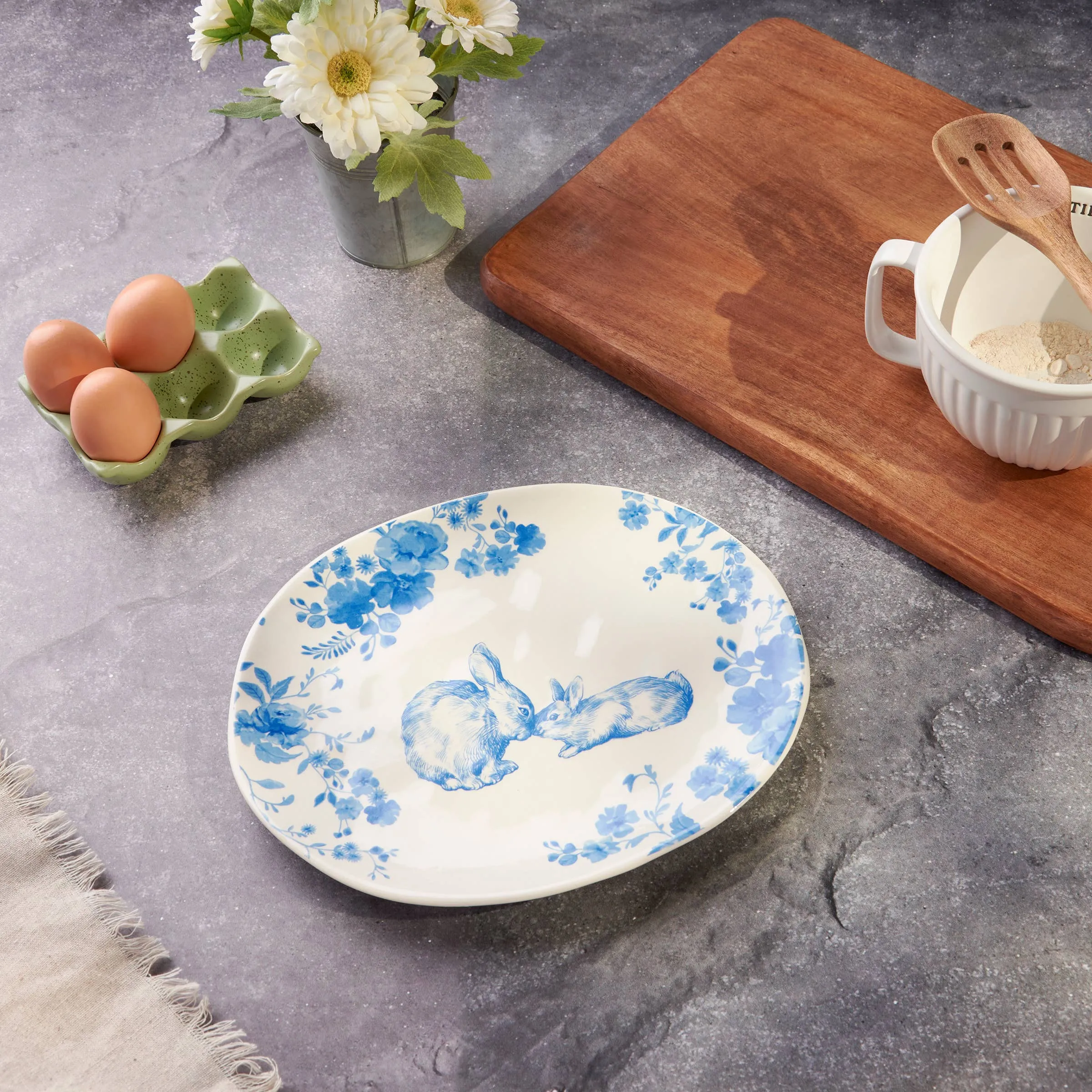 Oval Blue Floral Rabbit Platter