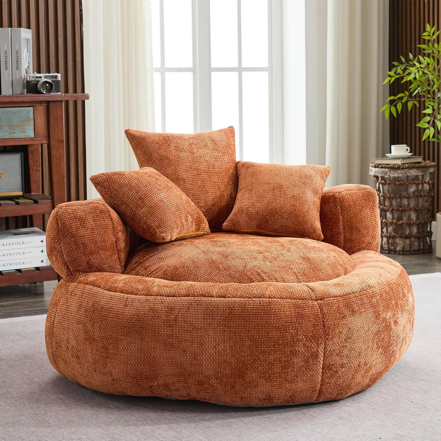 Oversized Bean Bag Chairs for Adults, Memory Foam Lazy Sofa with High Back and 3 Pillows, Comfy Beanbag Lounger Couch for Living Room Bedroom Apartment (Orange)