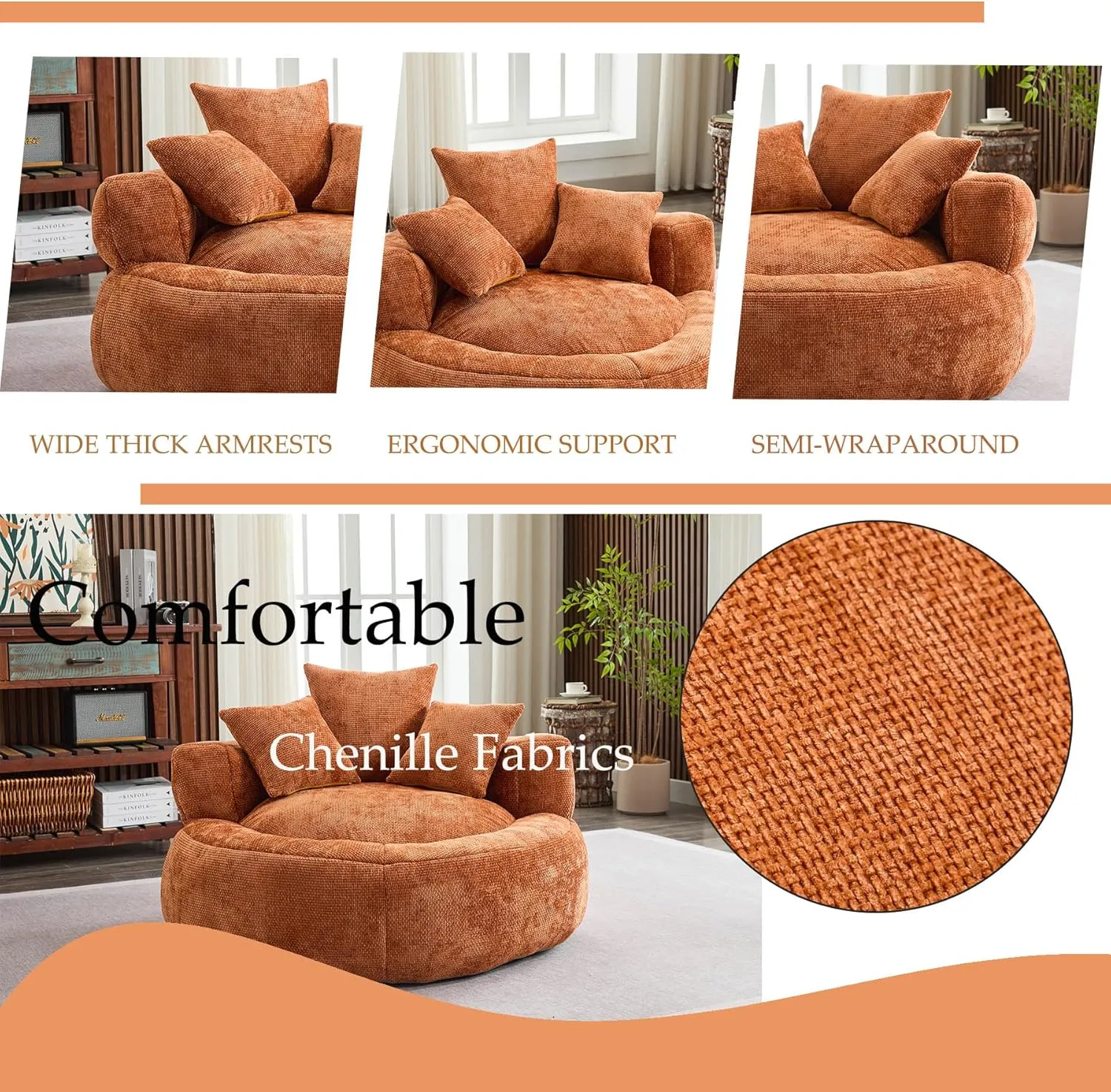 Oversized Bean Bag Chairs for Adults, Memory Foam Lazy Sofa with High Back and 3 Pillows, Comfy Beanbag Lounger Couch for Living Room Bedroom Apartment (Orange)