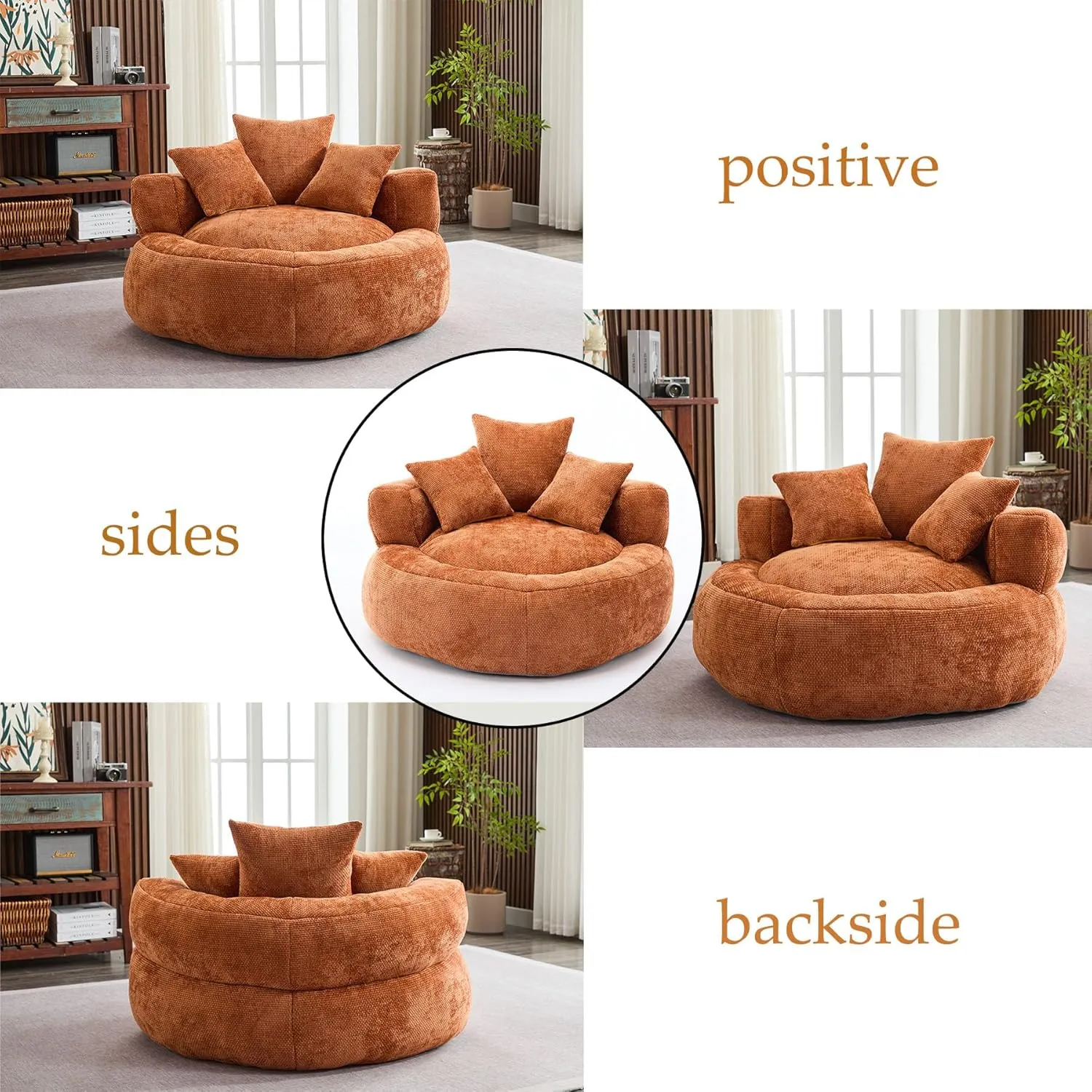 Oversized Bean Bag Chairs for Adults, Memory Foam Lazy Sofa with High Back and 3 Pillows, Comfy Beanbag Lounger Couch for Living Room Bedroom Apartment (Orange)