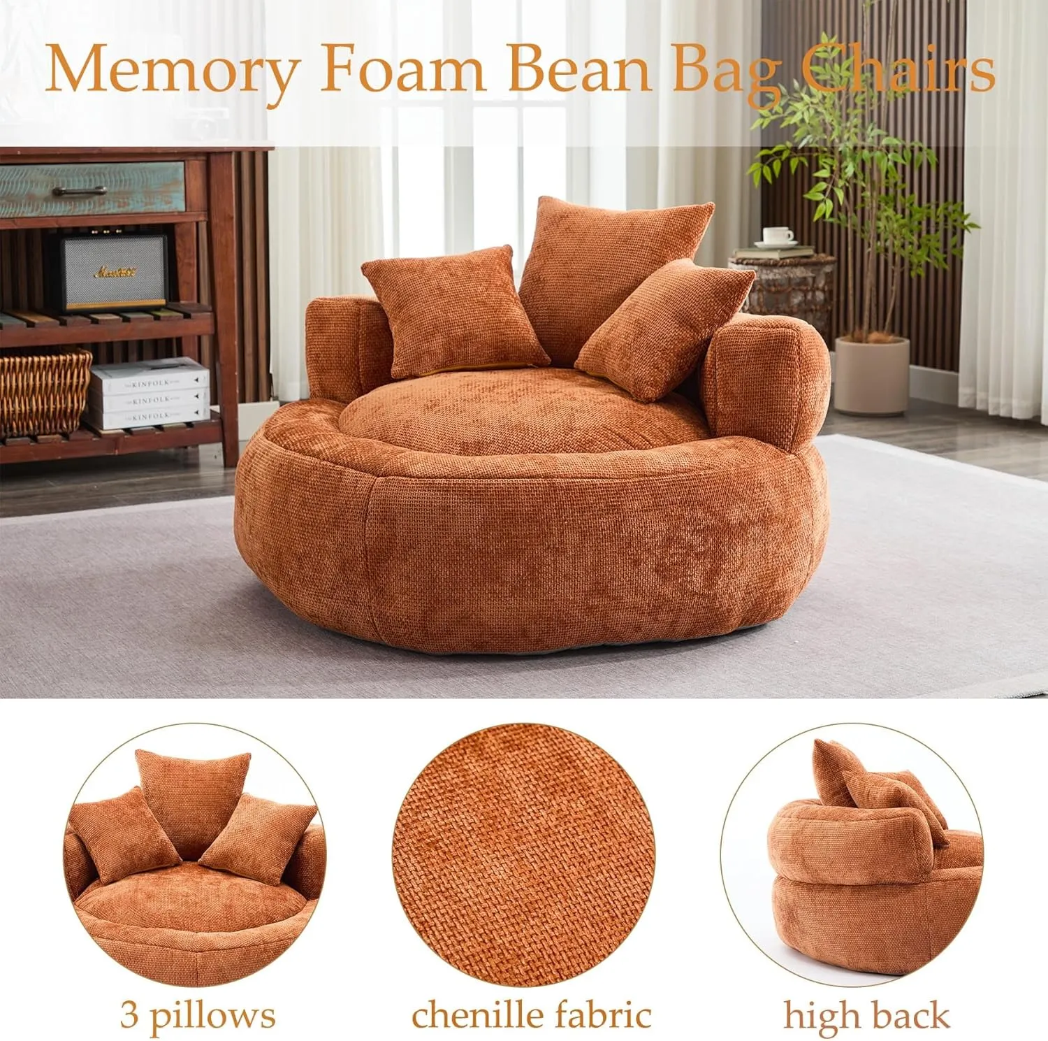 Oversized Bean Bag Chairs for Adults, Memory Foam Lazy Sofa with High Back and 3 Pillows, Comfy Beanbag Lounger Couch for Living Room Bedroom Apartment (Orange)