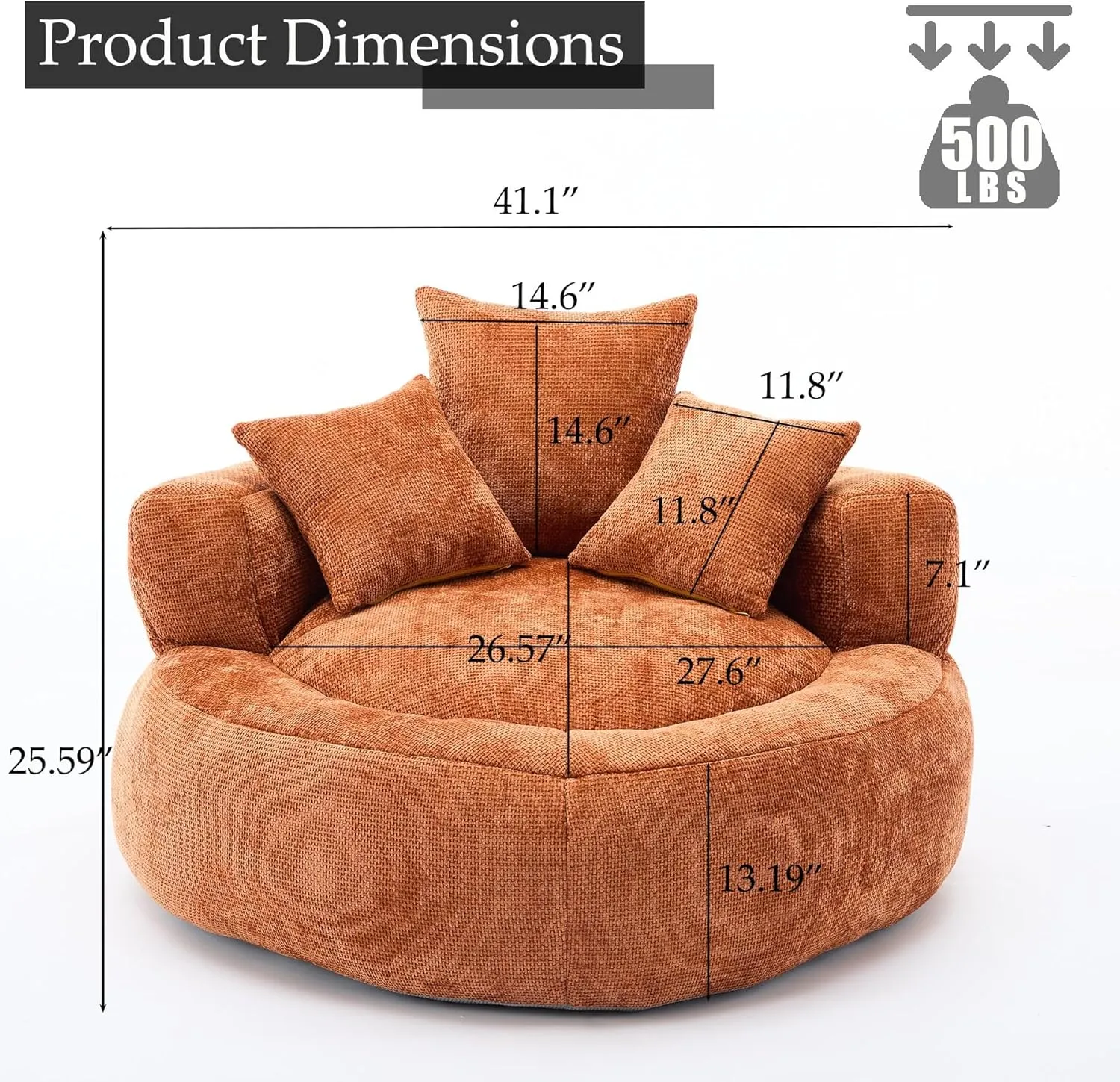 Oversized Bean Bag Chairs for Adults, Memory Foam Lazy Sofa with High Back and 3 Pillows, Comfy Beanbag Lounger Couch for Living Room Bedroom Apartment (Orange)