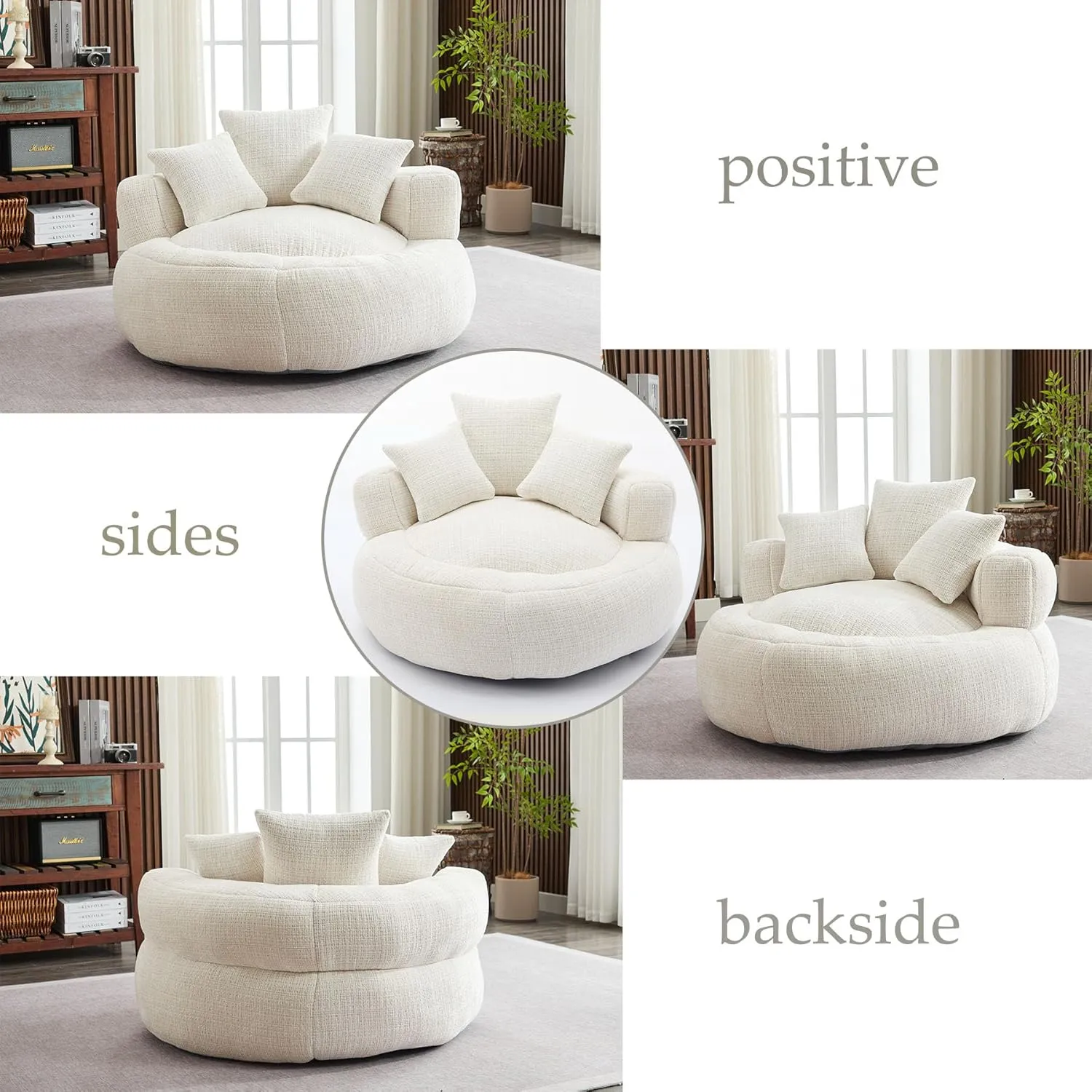 Oversized Bean Bag Chairs for Adults, Memory Foam Lazy Sofa with High Back and 3 Pillows, Comfy Beanbag Lounger Couch for Living Room Bedroom Apartment (White)