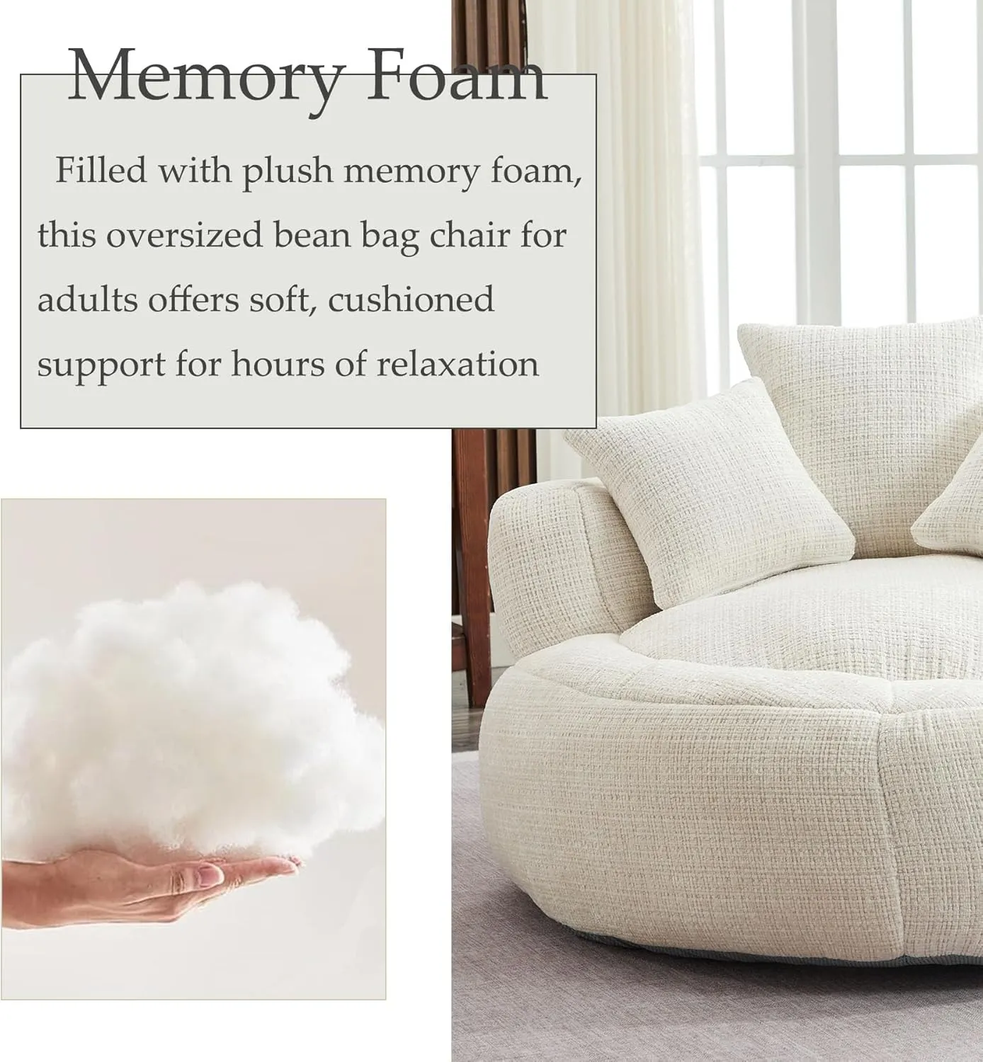 Oversized Bean Bag Chairs for Adults, Memory Foam Lazy Sofa with High Back and 3 Pillows, Comfy Beanbag Lounger Couch for Living Room Bedroom Apartment (White)