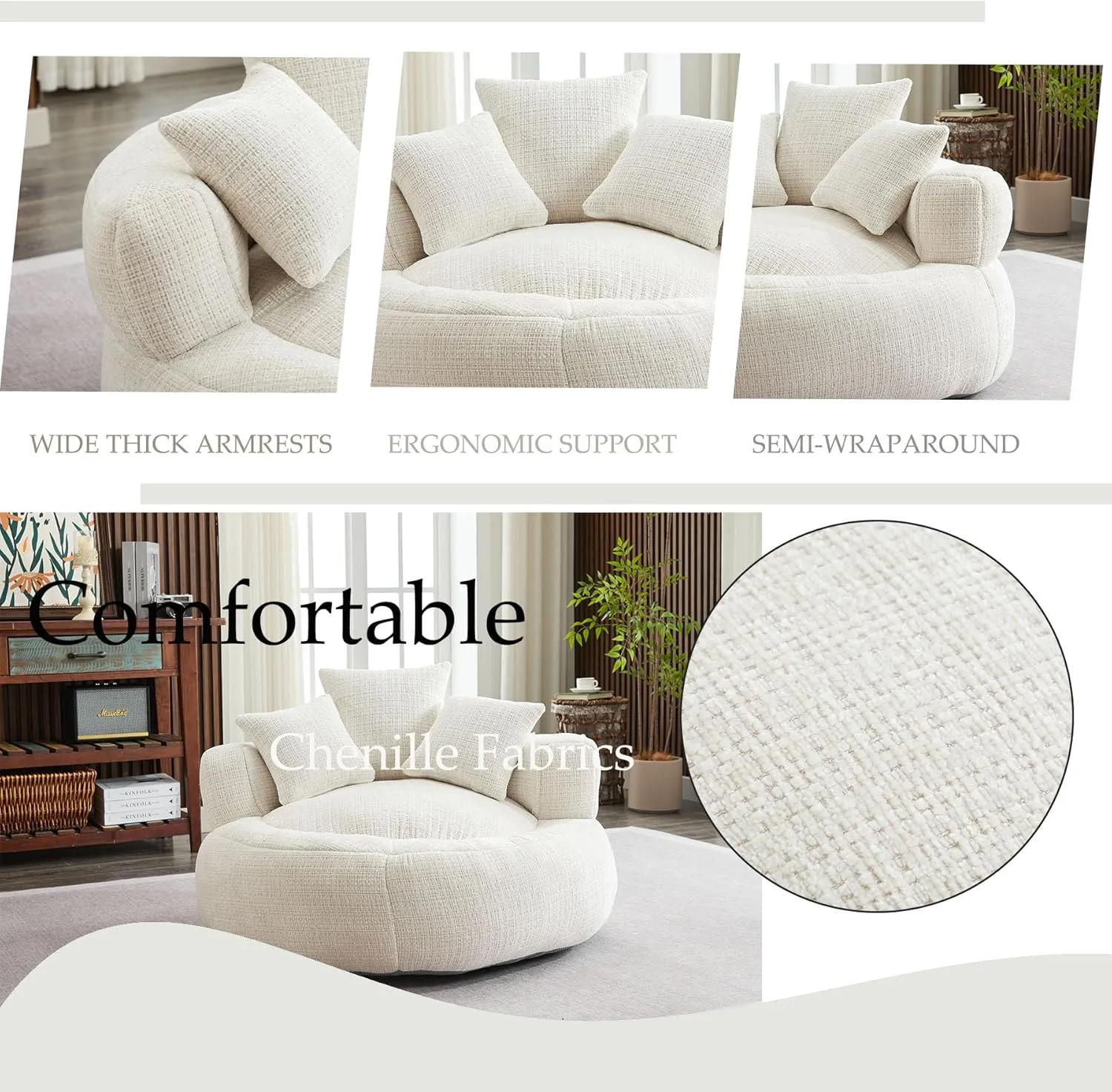 Oversized Bean Bag Chairs for Adults, Memory Foam Lazy Sofa with High Back and 3 Pillows, Comfy Beanbag Lounger Couch for Living Room Bedroom Apartment (White)