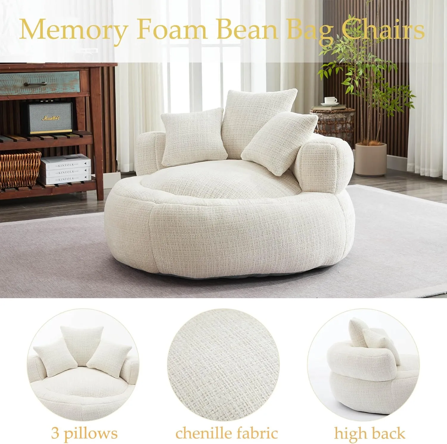 Oversized Bean Bag Chairs for Adults, Memory Foam Lazy Sofa with High Back and 3 Pillows, Comfy Beanbag Lounger Couch for Living Room Bedroom Apartment (White)