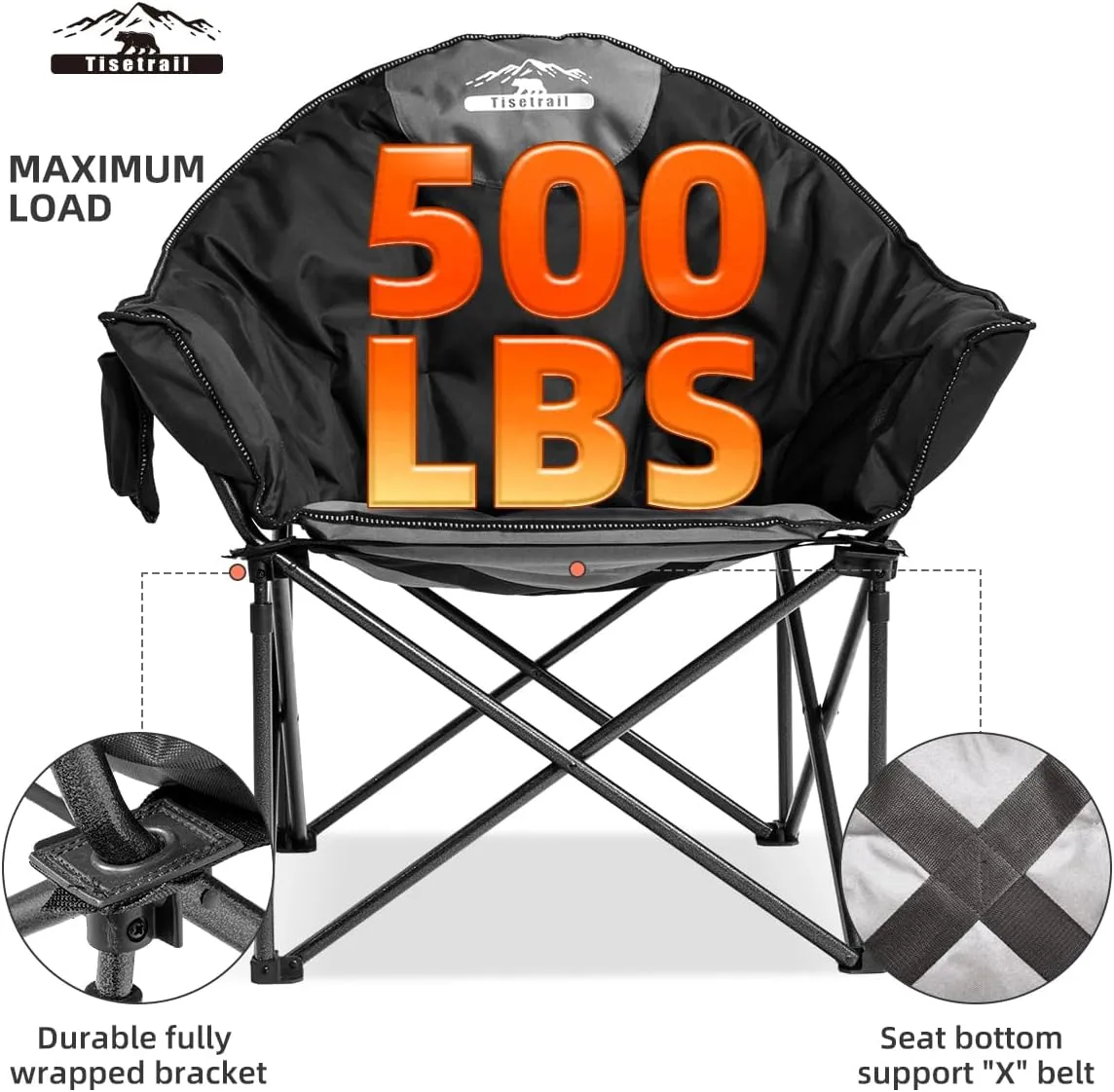 Oversized Moon Saucer Camping Chairs with Cup Holder & Carry Bag - Set of 2 500lbs Folding Sofa Chairs for Patio/Lawn (Black & Gray)