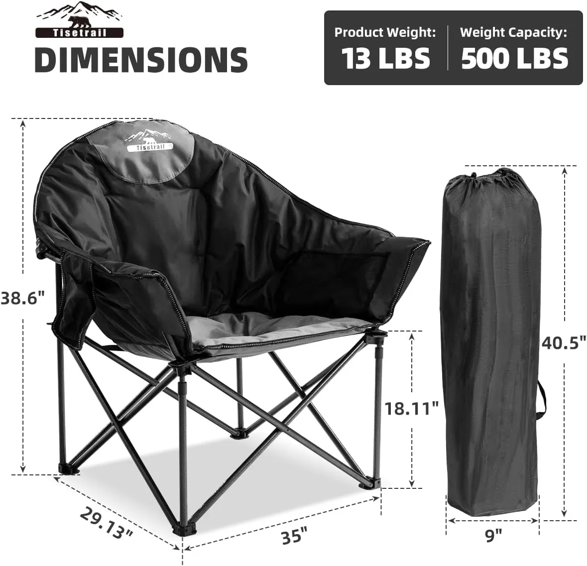 Oversized Moon Saucer Camping Chairs with Cup Holder & Carry Bag - Set of 2 500lbs Folding Sofa Chairs for Patio/Lawn (Black & Gray)