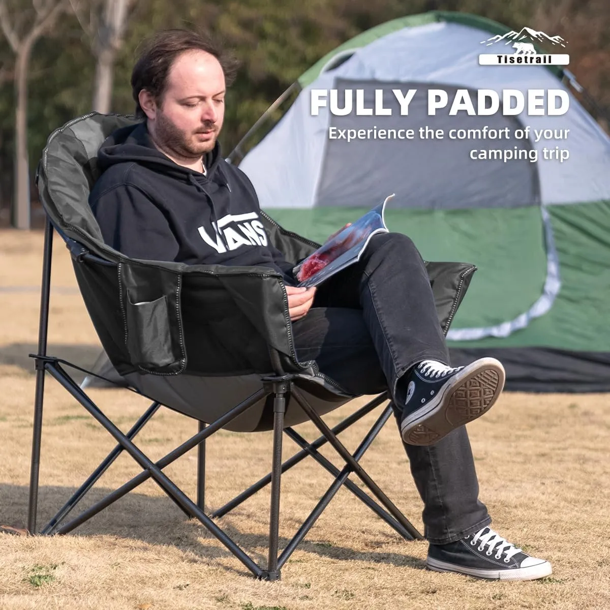Oversized Moon Saucer Camping Chairs with Cup Holder & Carry Bag - Set of 2 500lbs Folding Sofa Chairs for Patio/Lawn (Black & Gray)