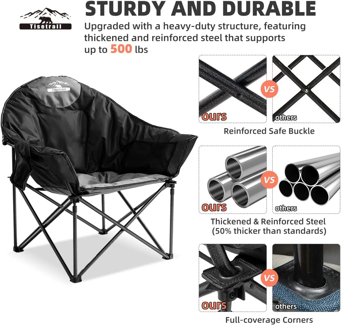 Oversized Moon Saucer Camping Chairs with Cup Holder & Carry Bag - Set of 2 500lbs Folding Sofa Chairs for Patio/Lawn (Black & Gray)