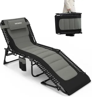 Oversized Padded Outdoor Folding Lounge Chair for Adults 440Ibs Patio Chaise Lounge for Outside 5-Position Adjustable Reclining Beach Chair with Pillow Pocket