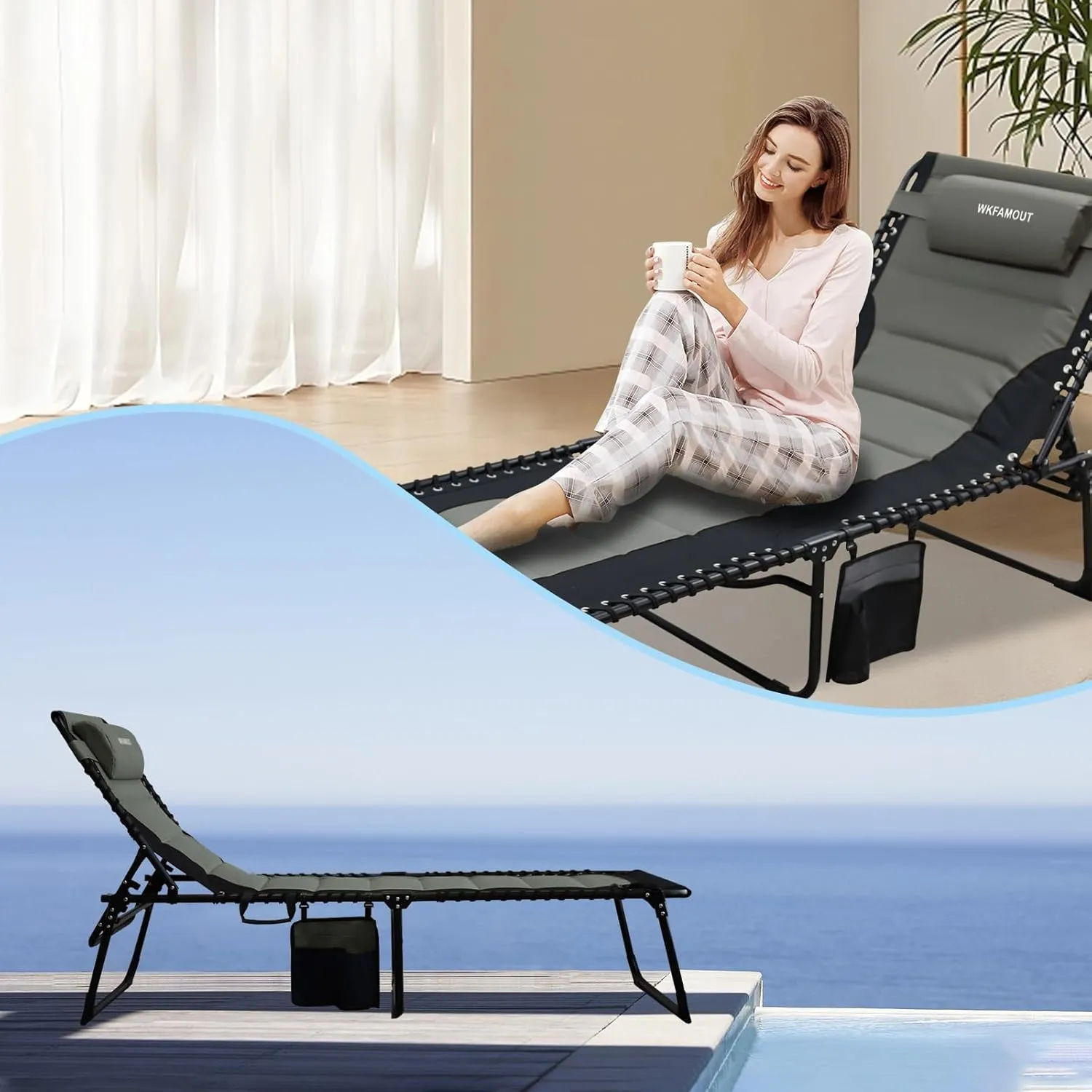 Oversized Padded Outdoor Folding Lounge Chair for Adults 440Ibs Patio Chaise Lounge for Outside 5-Position Adjustable Reclining Beach Chair with Pillow Pocket