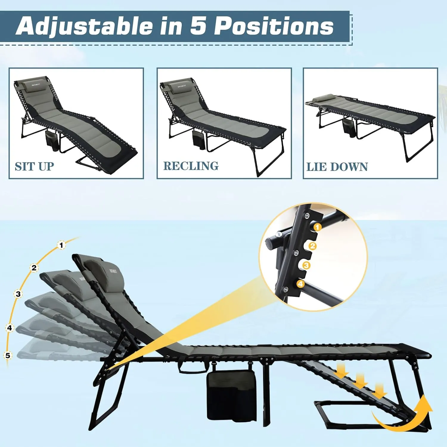 Oversized Padded Outdoor Folding Lounge Chair for Adults 440Ibs Patio Chaise Lounge for Outside 5-Position Adjustable Reclining Beach Chair with Pillow Pocket