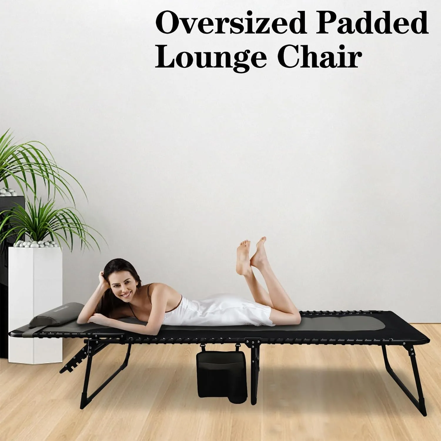 Oversized Padded Outdoor Folding Lounge Chair for Adults 440Ibs Patio Chaise Lounge for Outside 5-Position Adjustable Reclining Beach Chair with Pillow Pocket