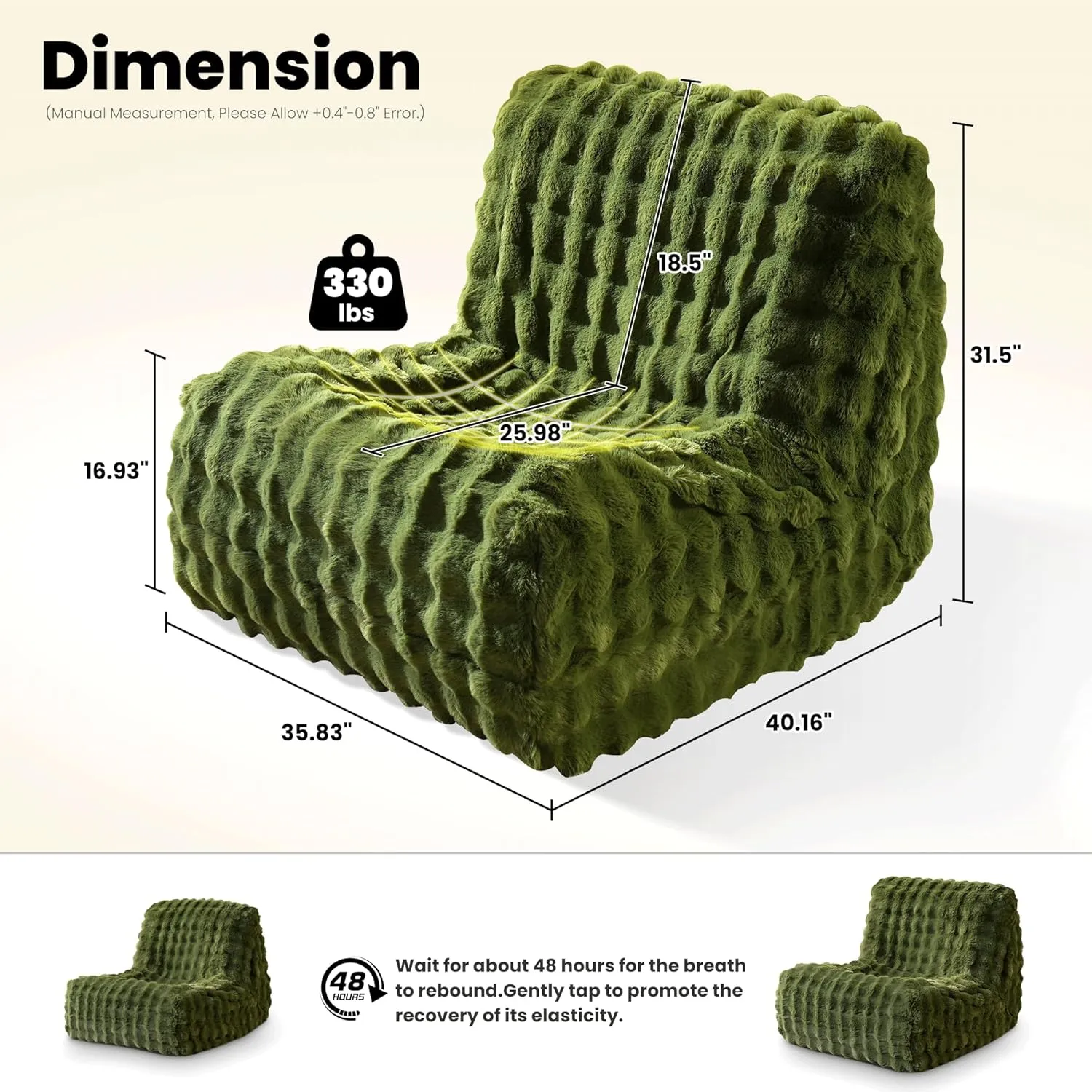 ovios Bean Bag Chair for Adult, Oversized Giant Beanbag with Plush Faux Fur, Comfy Large Big Lounger Floor Lazy Chair for Indoor Fireside Living Room Bedroom Dorm, Green