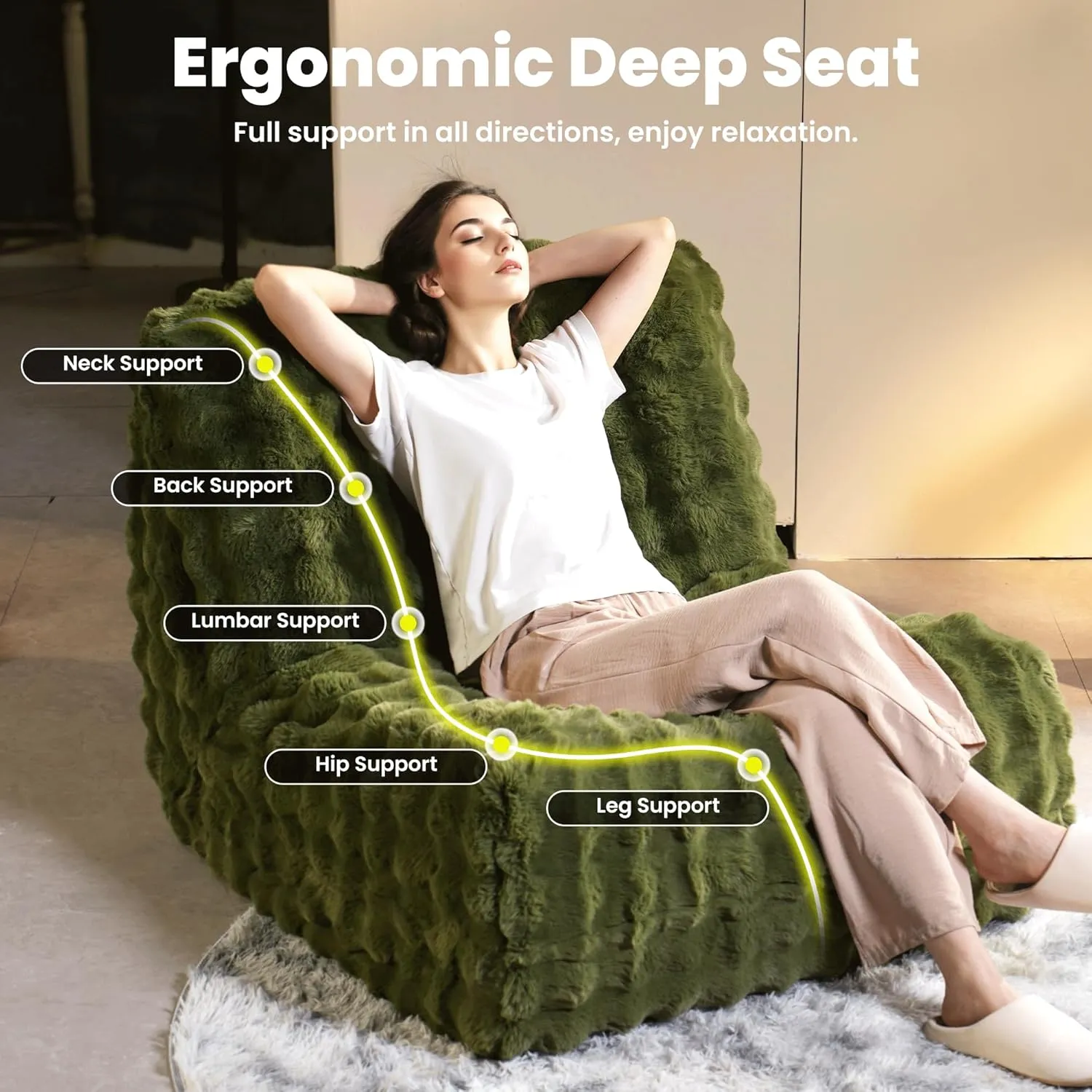 ovios Bean Bag Chair for Adult, Oversized Giant Beanbag with Plush Faux Fur, Comfy Large Big Lounger Floor Lazy Chair for Indoor Fireside Living Room Bedroom Dorm, Green