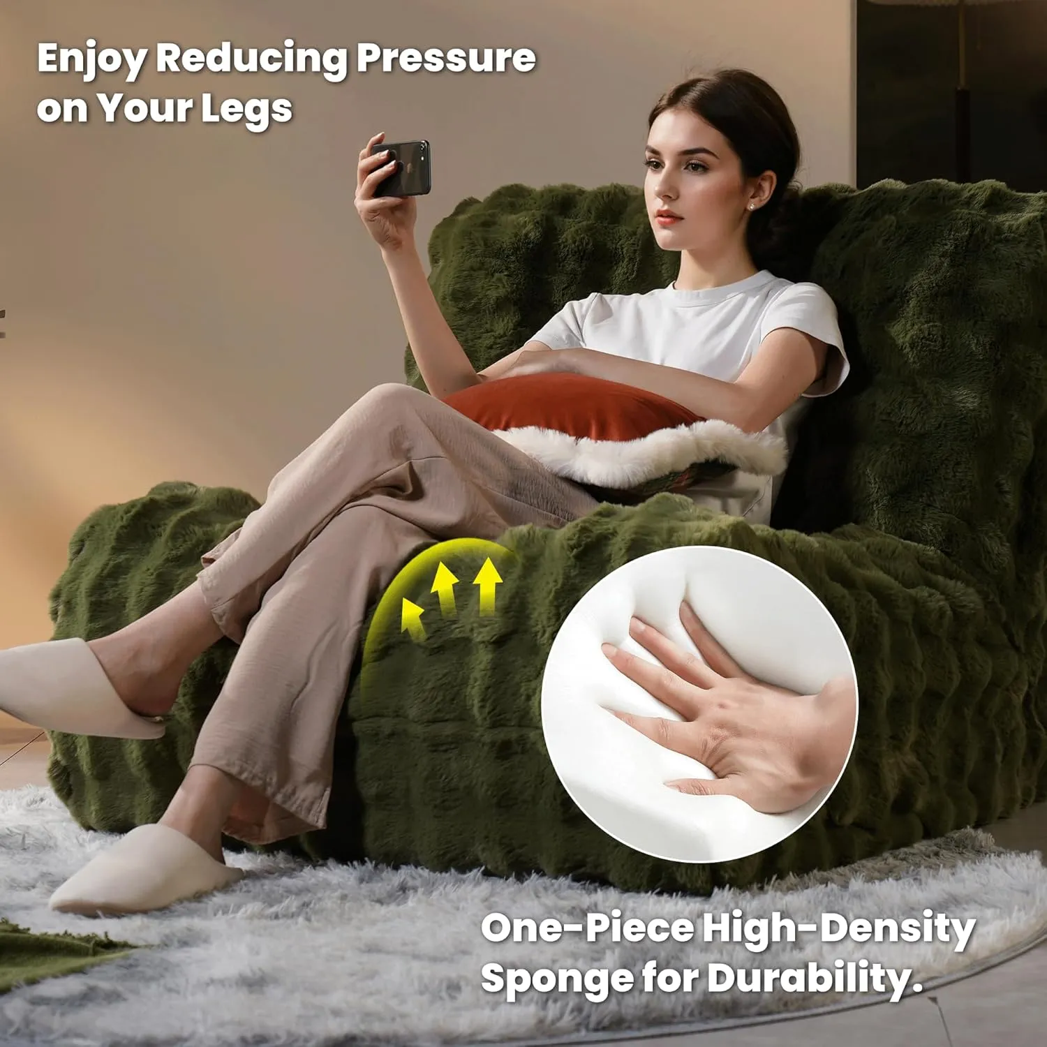 ovios Bean Bag Chair for Adult, Oversized Giant Beanbag with Plush Faux Fur, Comfy Large Big Lounger Floor Lazy Chair for Indoor Fireside Living Room Bedroom Dorm, Green