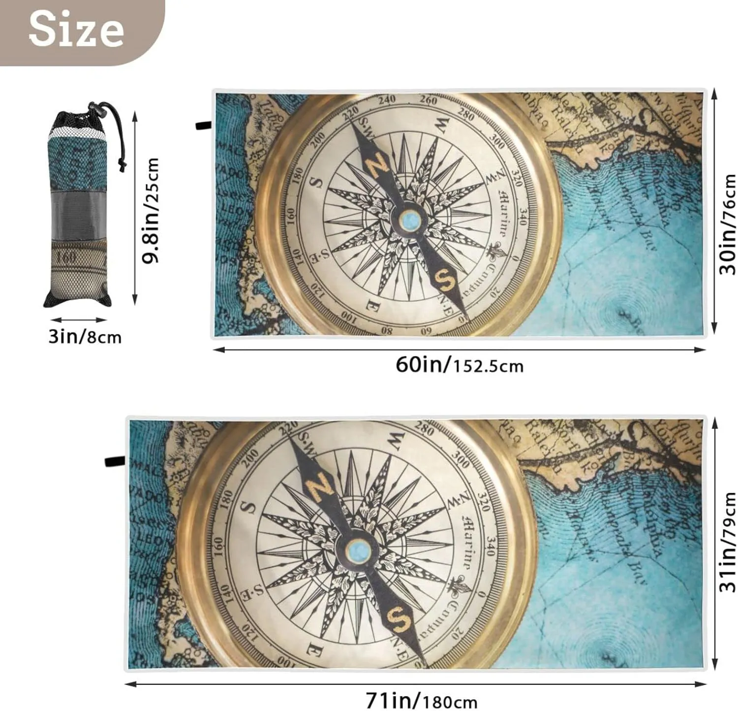 Oyihfvs Old Retro Compass on Old Map Travel Geography Navigation Quick Drying Beach Towel, Foldable Yoga Towel, Soft Sport Towel, Sweat Absorbent Towel with Storage Mesh Bag 31 x 71 inch (M)