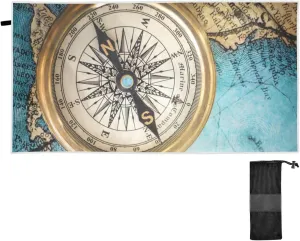 Oyihfvs Old Retro Compass on Old Map Travel Geography Navigation Quick Drying Beach Towel, Foldable Yoga Towel, Soft Sport Towel, Sweat Absorbent Towel with Storage Mesh Bag 31 x 71 inch (M)