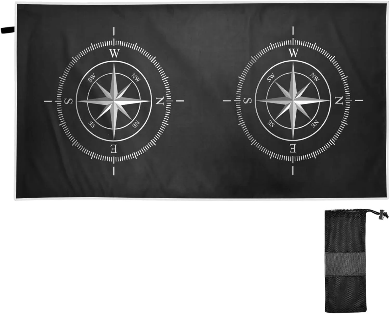 Oyihfvs Silver Compass Isolated on Black Quick Drying Beach Towel, Foldable Yoga Towel, Soft Sport Towel, Sweat Absorbent Towel with Storage Mesh Bag 30 x 60 inch (S)