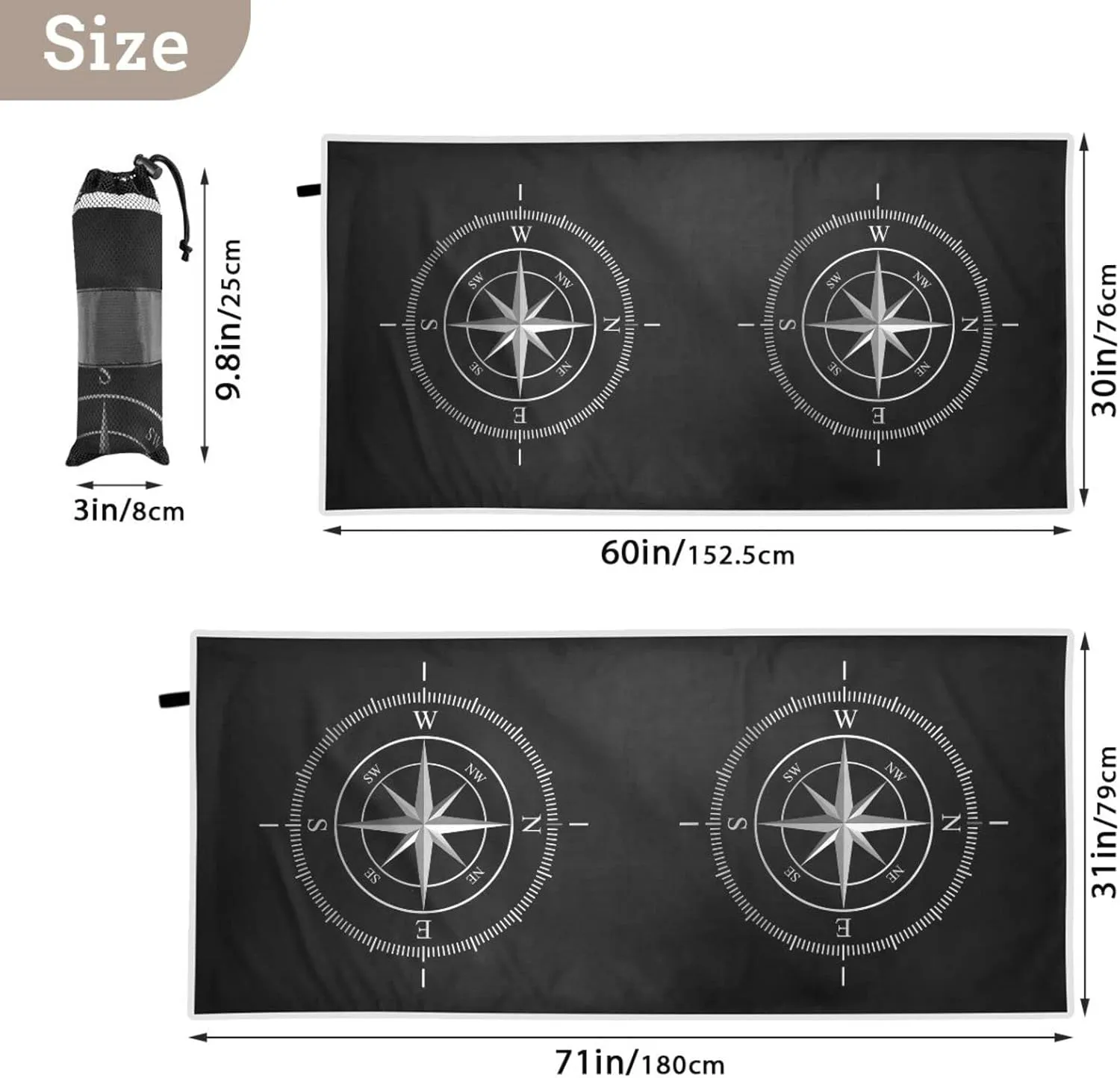 Oyihfvs Silver Compass Isolated on Black Quick Drying Beach Towel, Foldable Yoga Towel, Soft Sport Towel, Sweat Absorbent Towel with Storage Mesh Bag 30 x 60 inch (S)