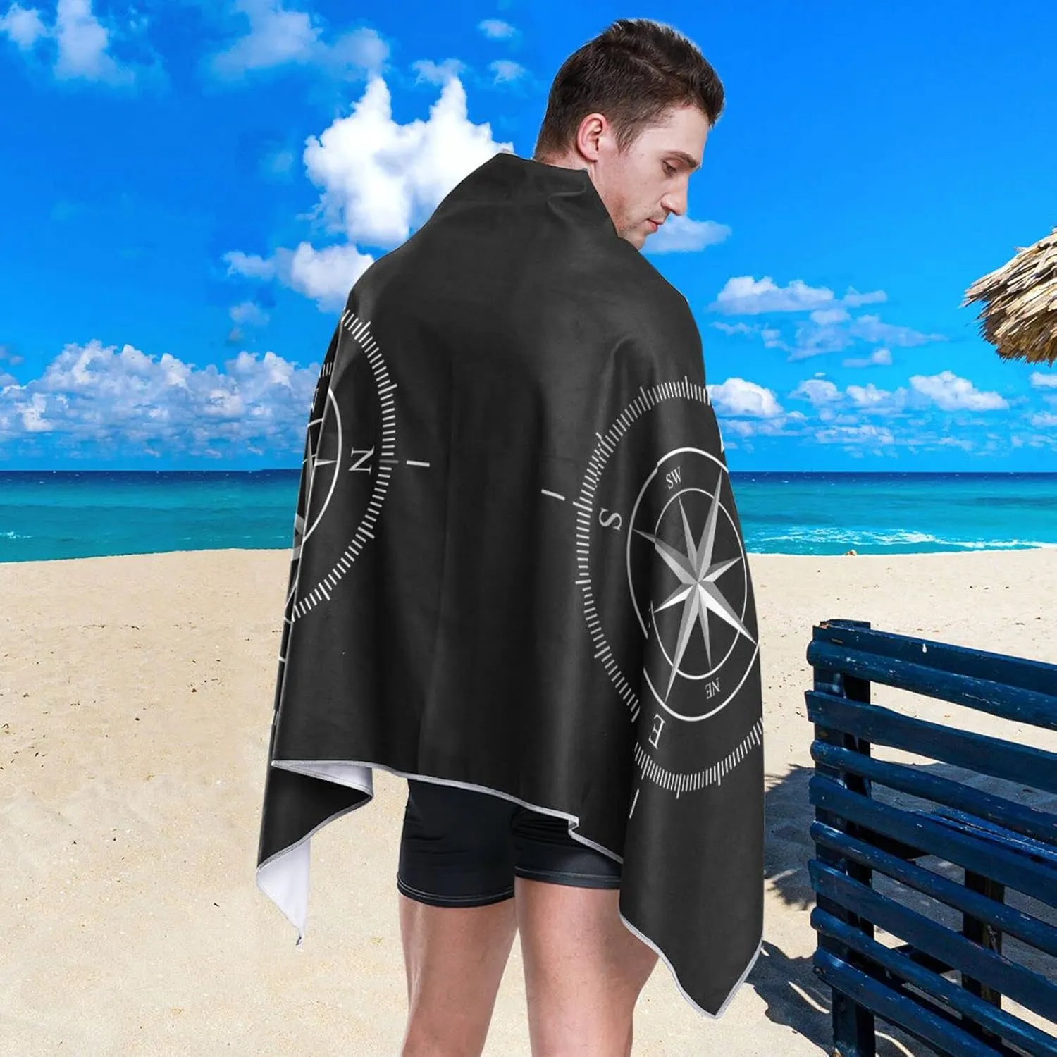 Oyihfvs Silver Compass Isolated on Black Quick Drying Beach Towel, Foldable Yoga Towel, Soft Sport Towel, Sweat Absorbent Towel with Storage Mesh Bag 30 x 60 inch (S)