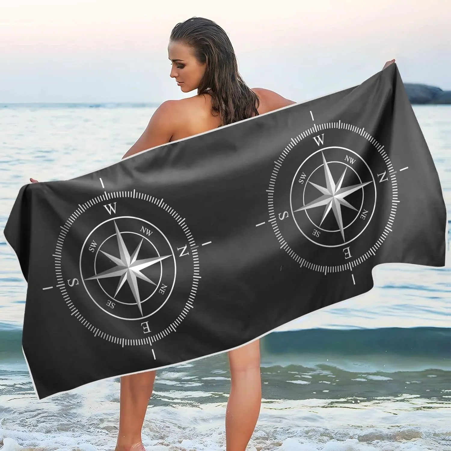 Oyihfvs Silver Compass Isolated on Black Quick Drying Beach Towel, Foldable Yoga Towel, Soft Sport Towel, Sweat Absorbent Towel with Storage Mesh Bag 30 x 60 inch (S)