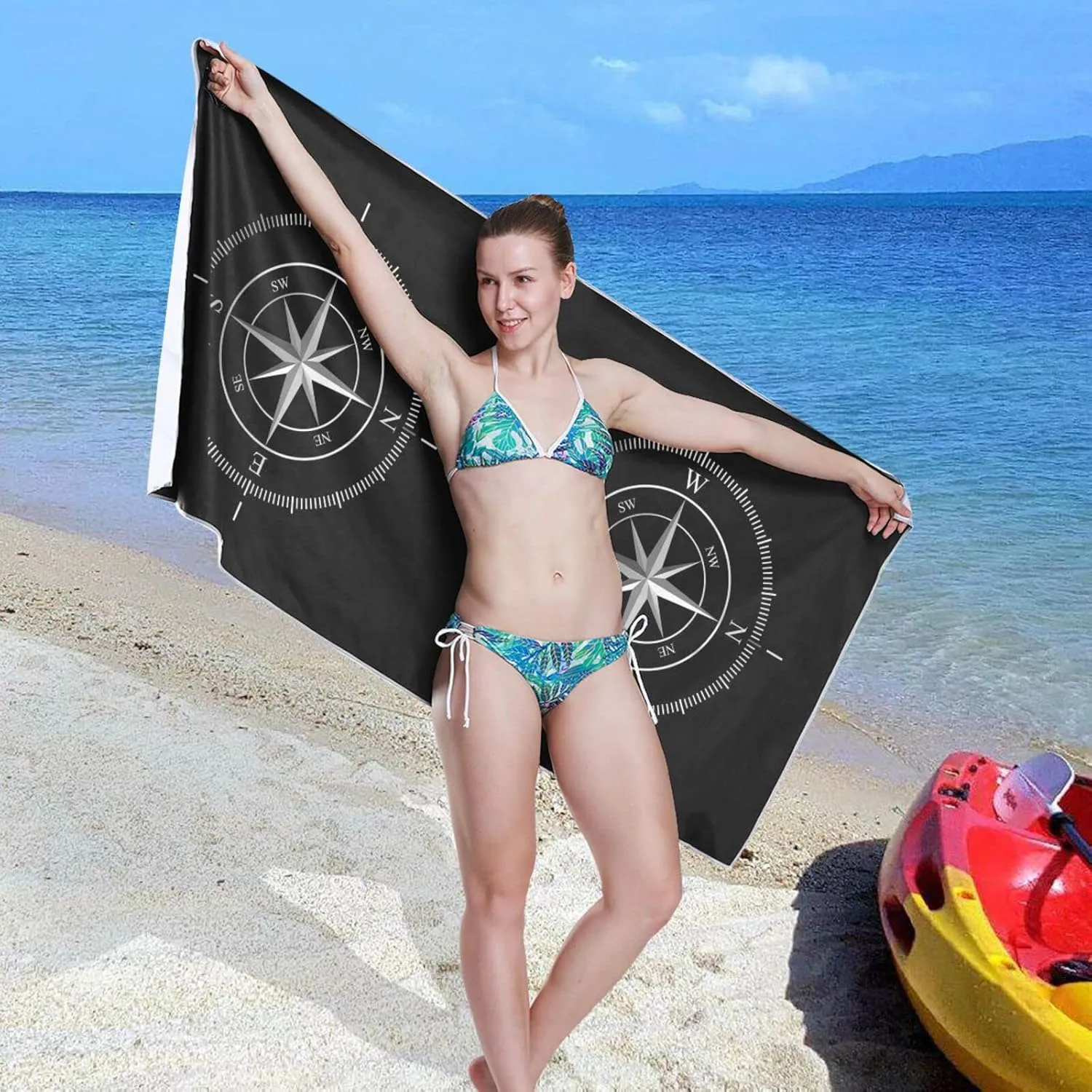 Oyihfvs Silver Compass Isolated on Black Quick Drying Beach Towel, Foldable Yoga Towel, Soft Sport Towel, Sweat Absorbent Towel with Storage Mesh Bag 30 x 60 inch (S)