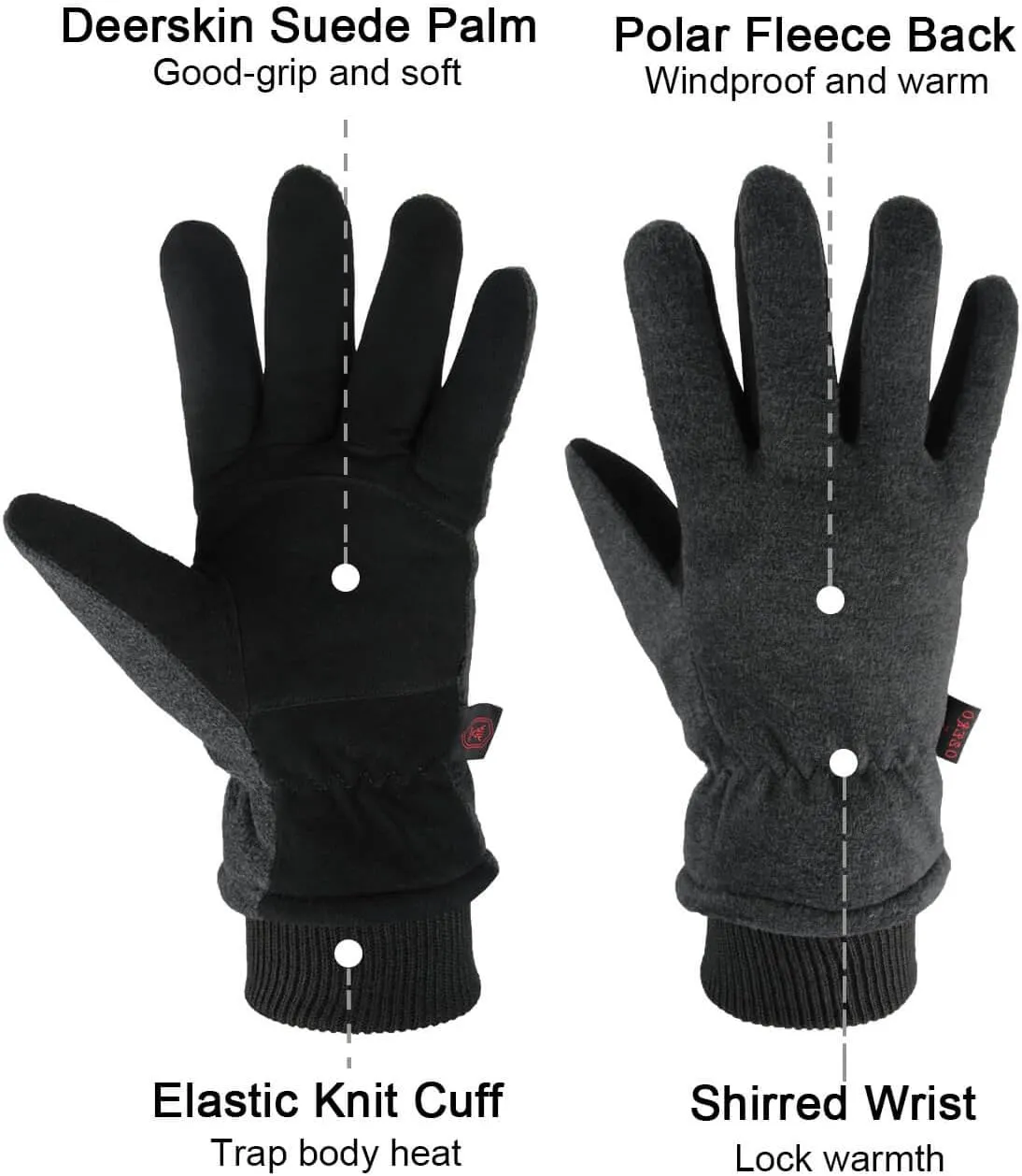 OZERO Winter Gloves Deerskin Suede Leather and Insulated Polar Fleece Water Resistant Thermal Gifts for Men and Women