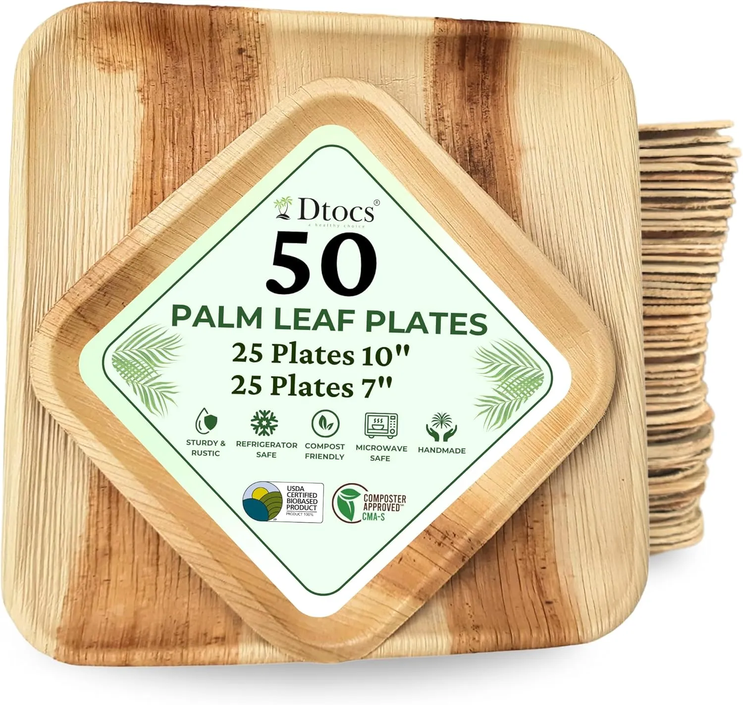 Palm Leaf Plates (50) - 10 Inch Square Dinner (25), 7" Dessert (25) | Bamboo Plates Disposable Look Dinnerware Set | Sturdy, Compostable Alternative to Paper, Plastic Party Pack