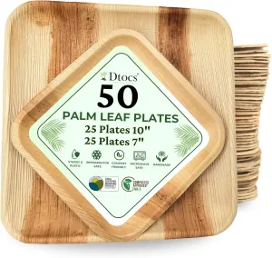 Palm Leaf Plates (50) - 10 Inch Square Dinner (25), 7" Dessert (25) | Bamboo Plates Disposable Look Dinnerware Set | Sturdy, Compostable Alternative to Paper, Plastic Party Pack