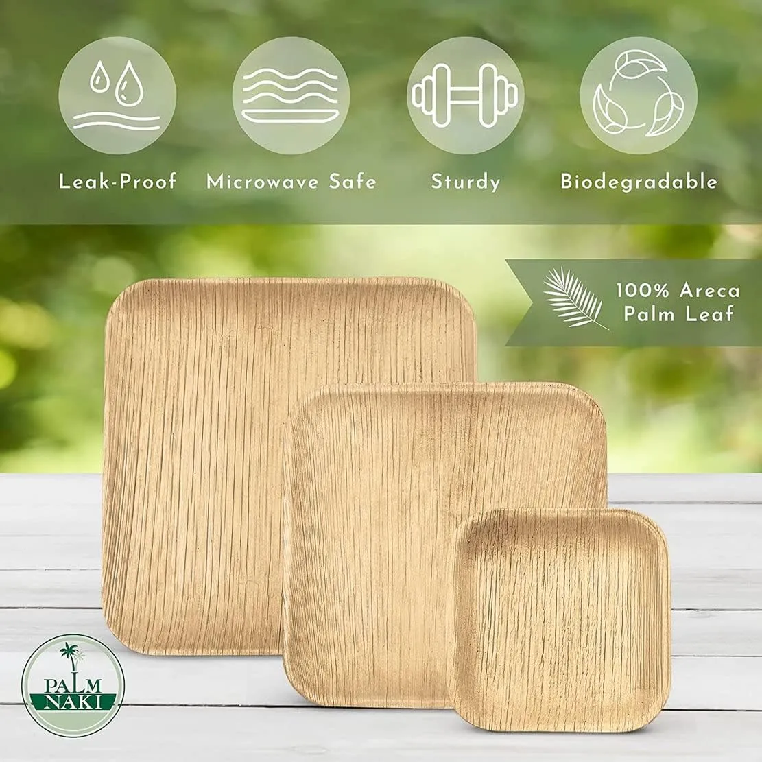 PALM NAKI Eco-Friendly Palm Leaf Plates - 10-Inch Square - Bamboo Style (40 Pack), Sustainable, Decorative & Compostable Tableware (10" Plates)