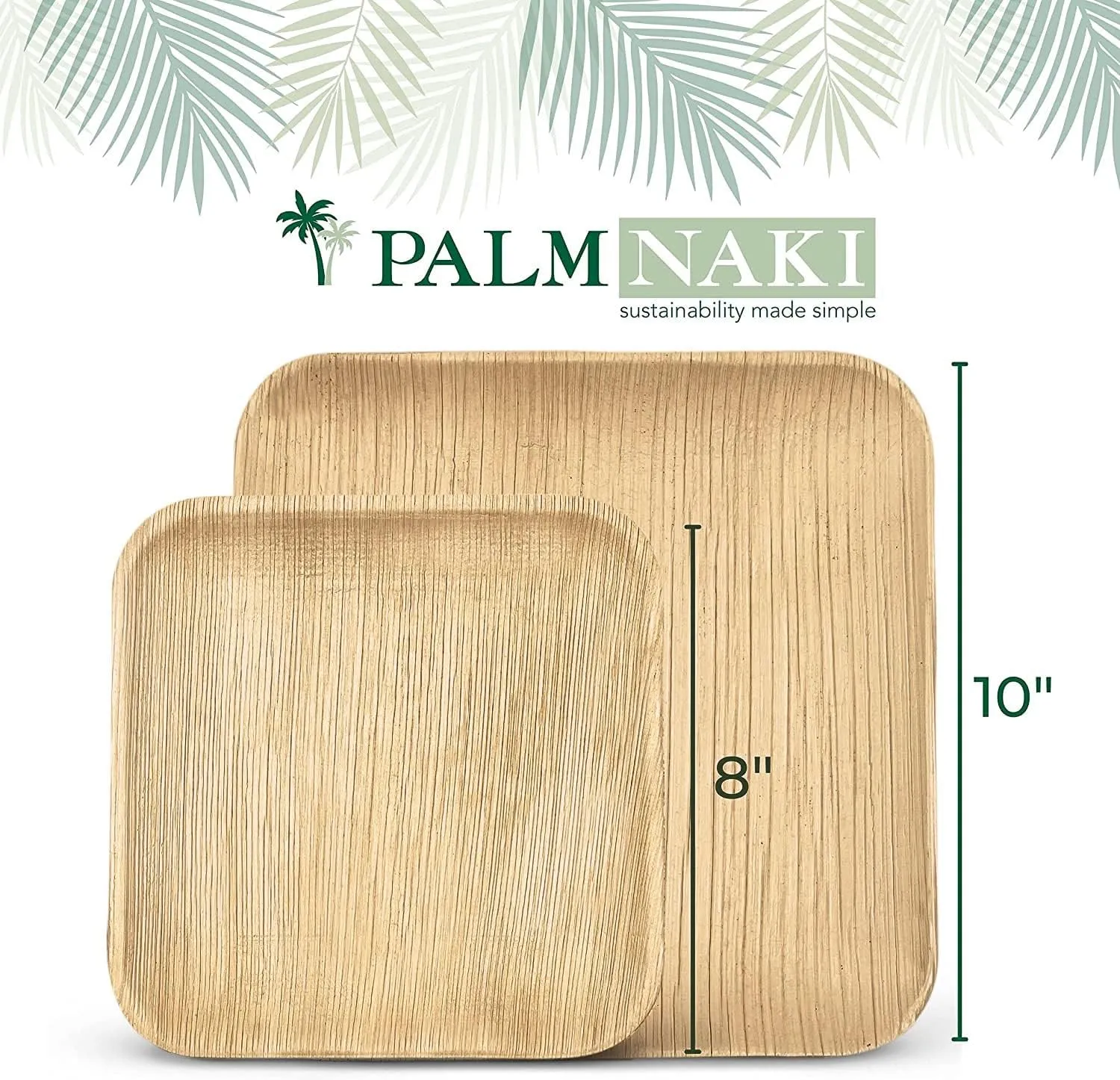 PALM NAKI Eco-Friendly Palm Leaf Plates - 10-Inch Square - Bamboo Style (40 Pack), Sustainable, Decorative & Compostable Tableware (10" Plates)