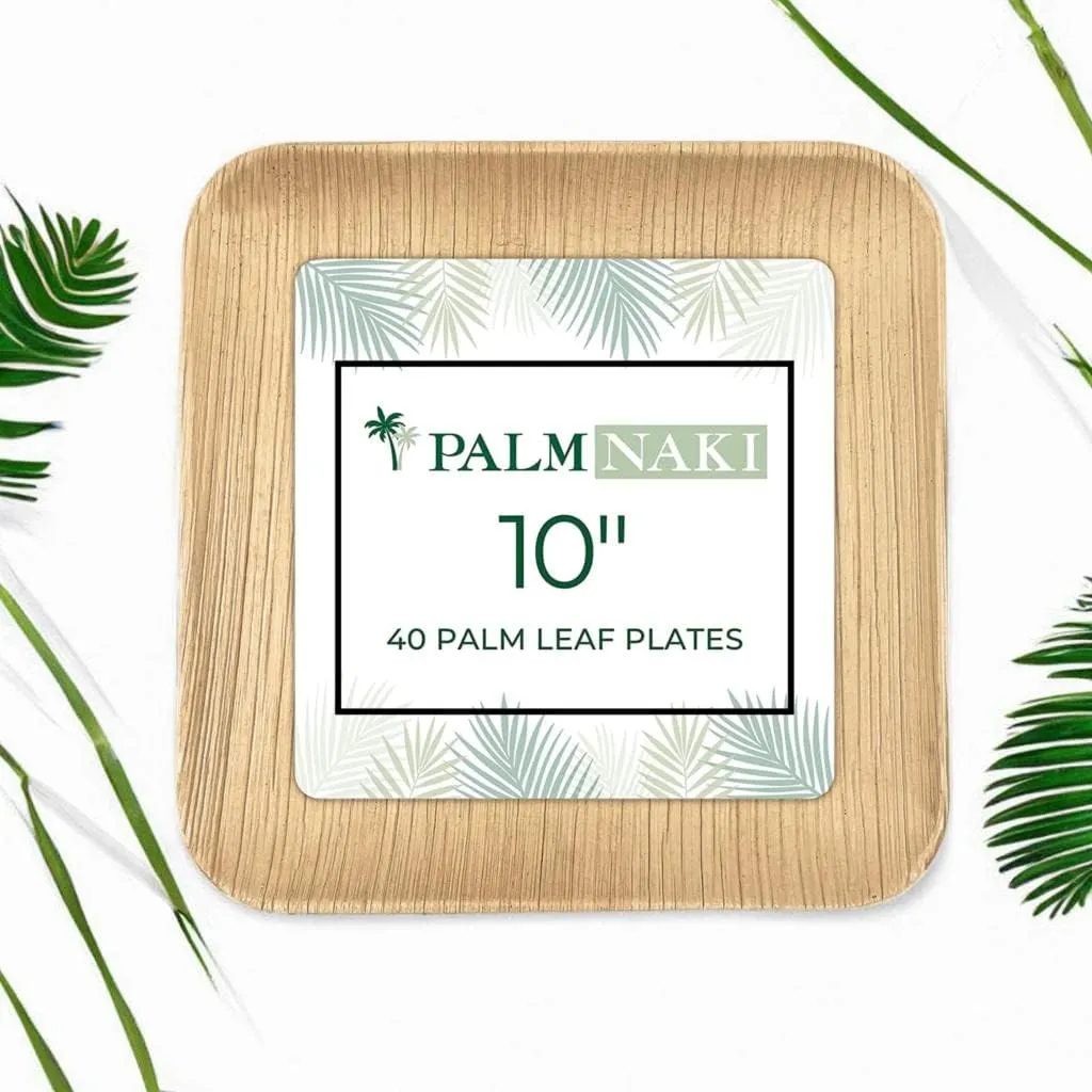 PALM NAKI Eco-Friendly Palm Leaf Plates - 10-Inch Square - Bamboo Style (40 Pack), Sustainable, Decorative & Compostable Tableware (10" Plates)