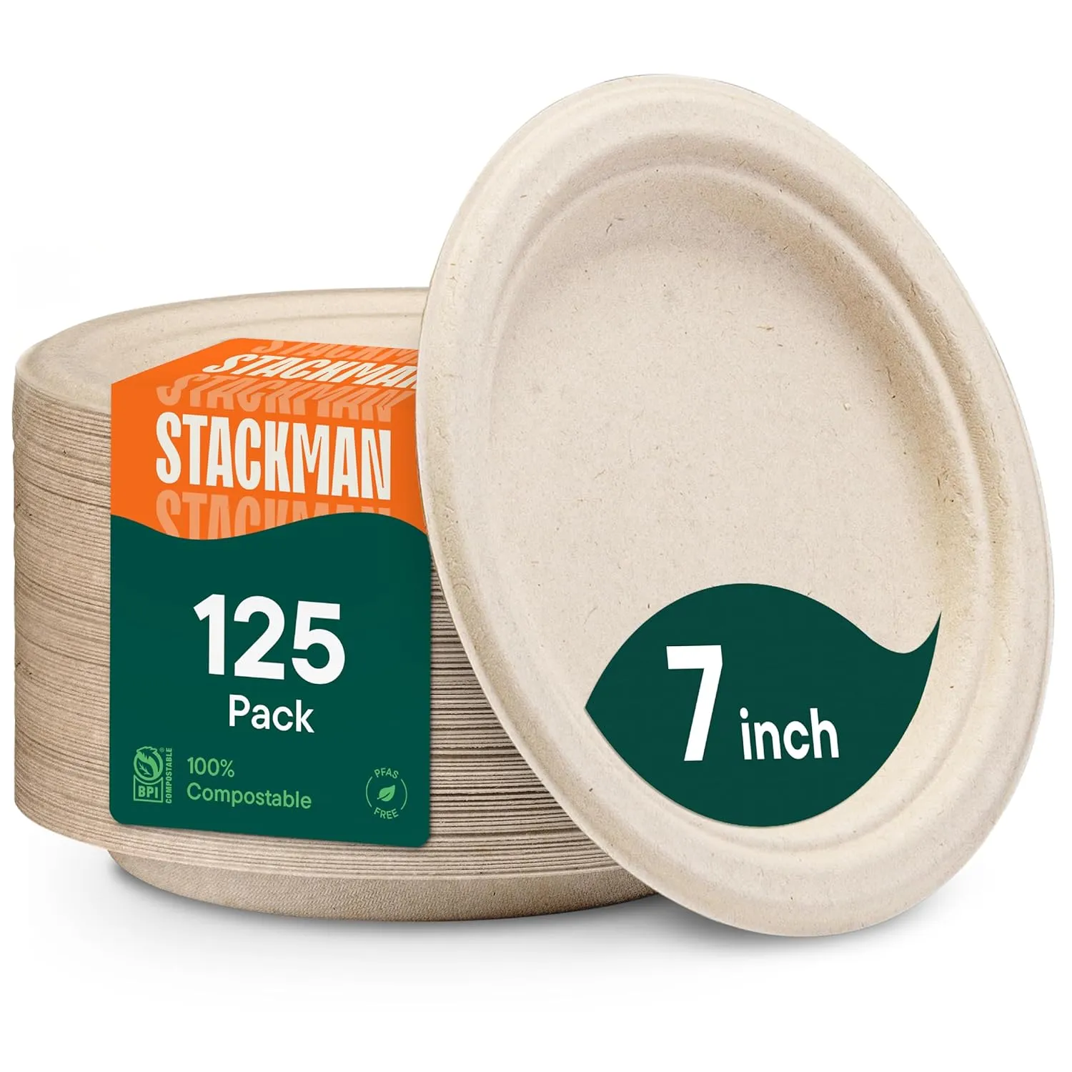 Paper Plates, 100% Compostable Heavy Duty, Disposable 7 Inch, Small Dessert Plate - [125-Pack] - {PFAS-Free} - {BPI Certified} Eco-Friendly, Biodegradable Bagasse Natural Brown 7" Small Plates