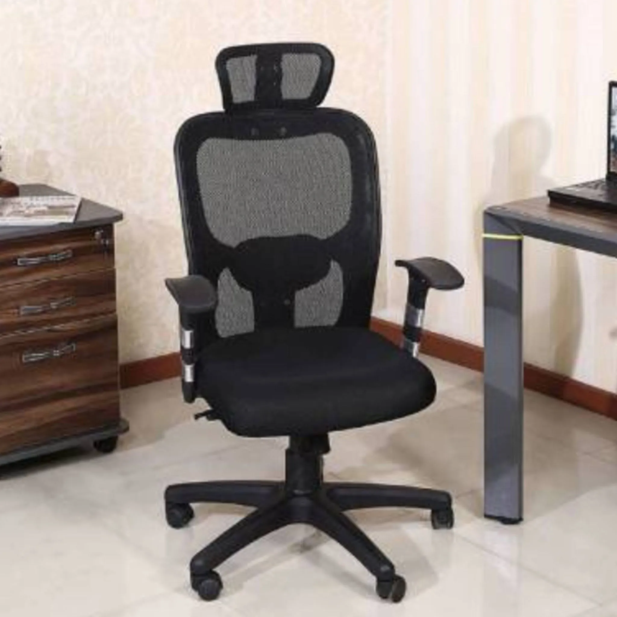 Parin Fabric Office Chair, with Adjustable Seat, Head Support, Black