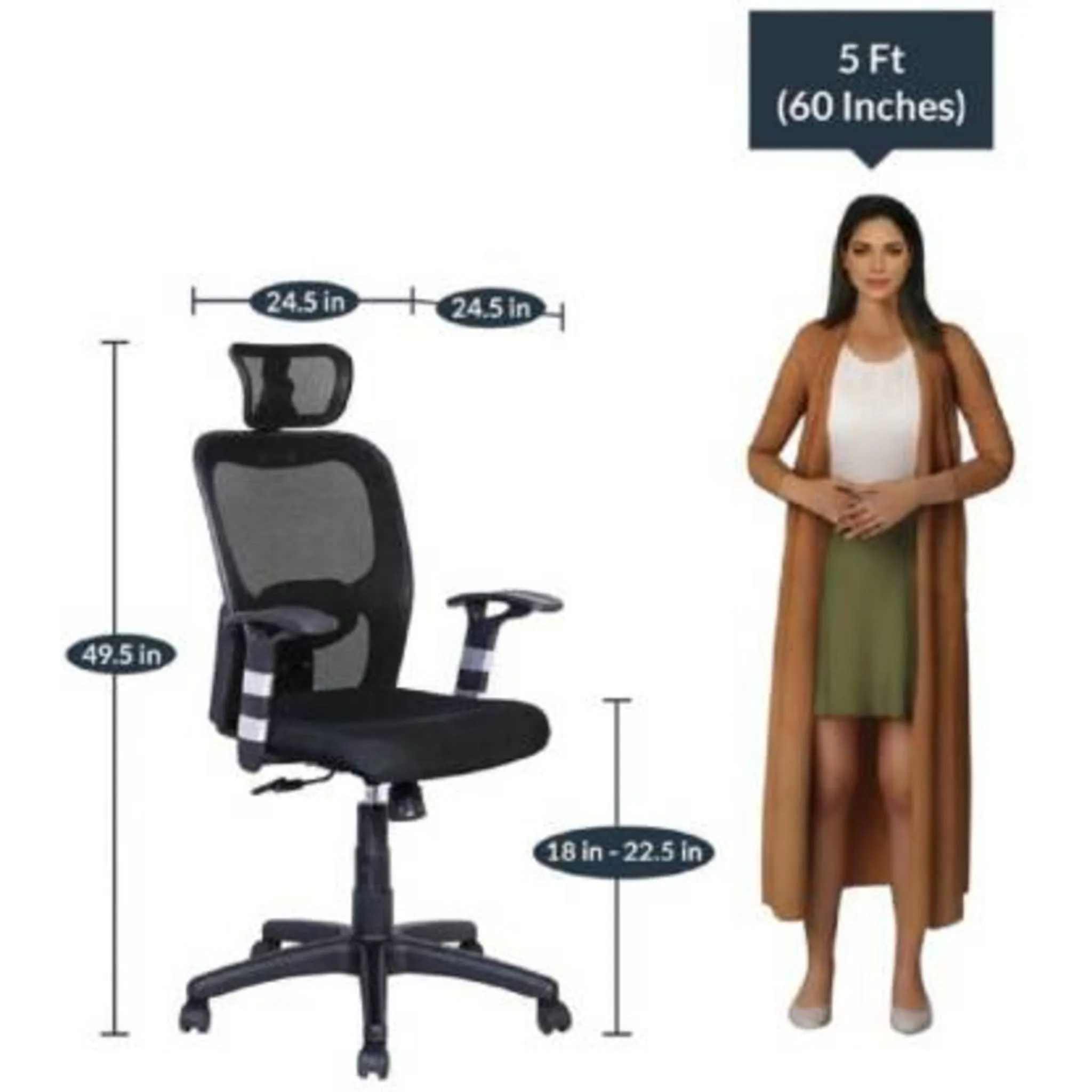 Parin Fabric Office Chair, with Adjustable Seat, Head Support, Black