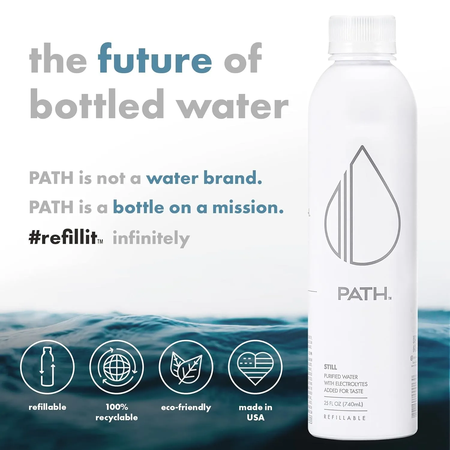 PATH Still Bottled Water - Ultra-Purified, pH-Balanced Purified Water in Aluminum Bottle - BPA-Free, Reusable, Infinitely Recyclable - Crisp, Refreshing Taste - 25 fl oz (Pack of 18)