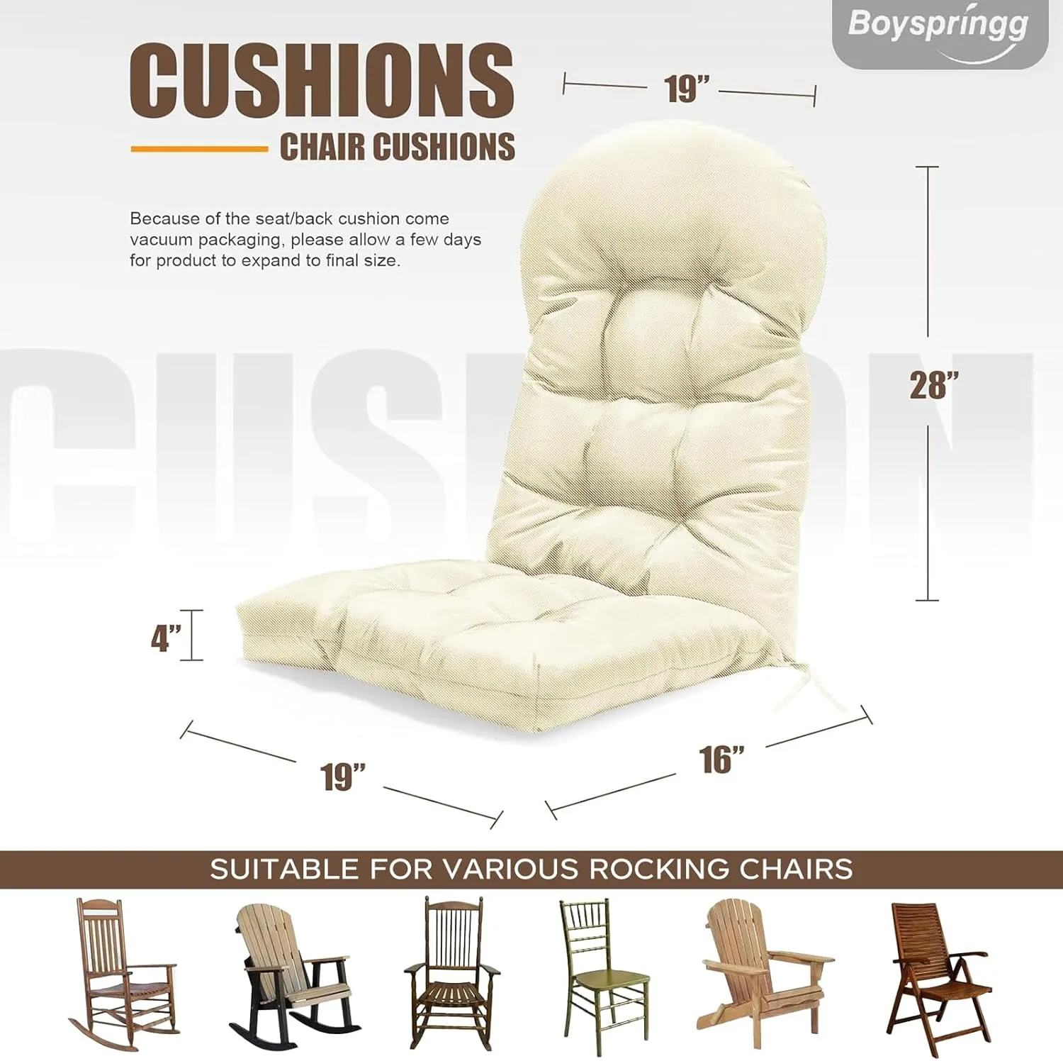 Patio Chair Cushions High Back Thick Chair Pads Adirondack Chair Cushion, Waterproof Fade- Resistant Patio Chairs Cushion Throw Rocking Chair Cushions Outdoor and Indoor,43in*20in (Biege)