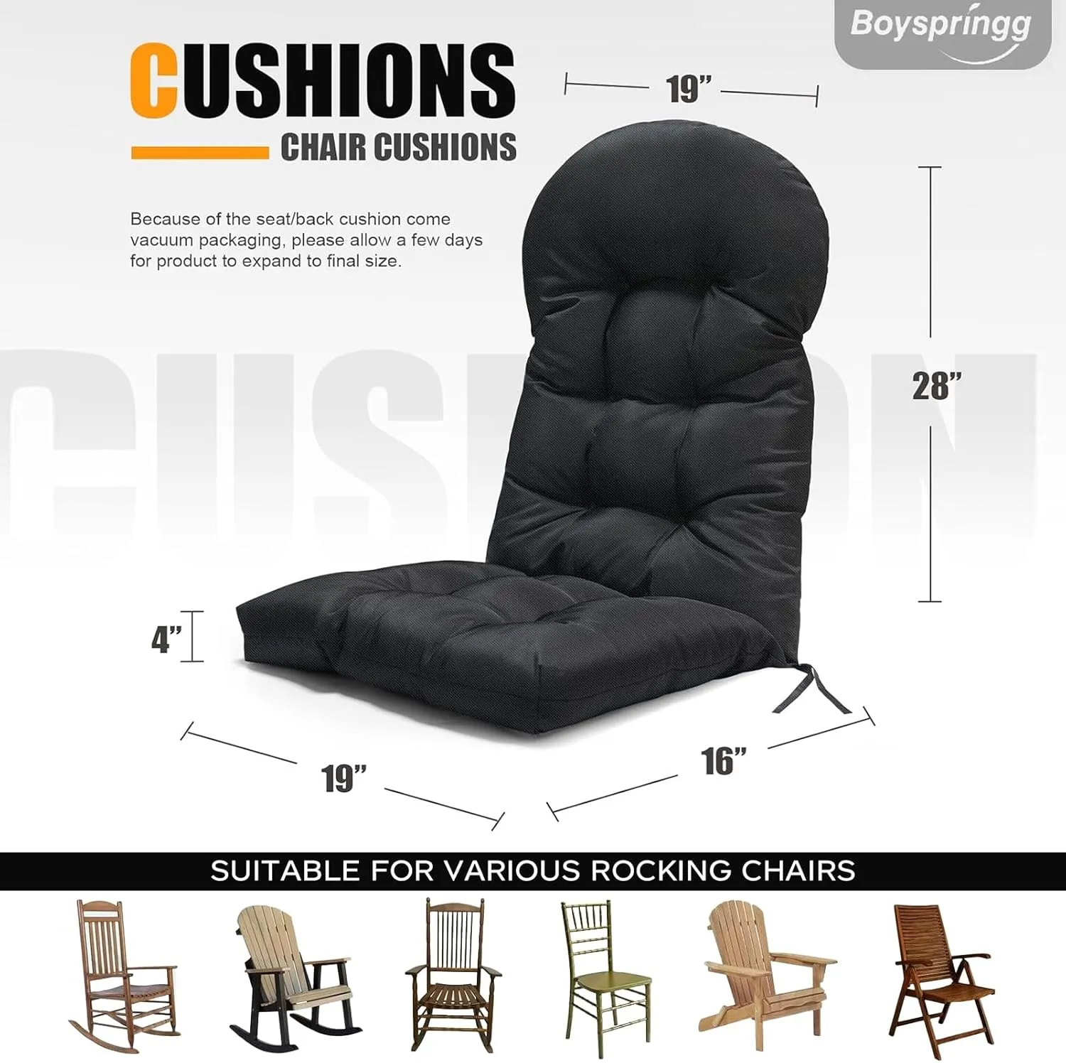 Patio Chair Cushions High Back Thicked Chair Pad Adirondack Chair Cushion, Waterproof and Fade-Resistant Patio Chairs Cushion Throw Rocking Chair Cushions Outdoor and Indoor,43in*20in (Black)