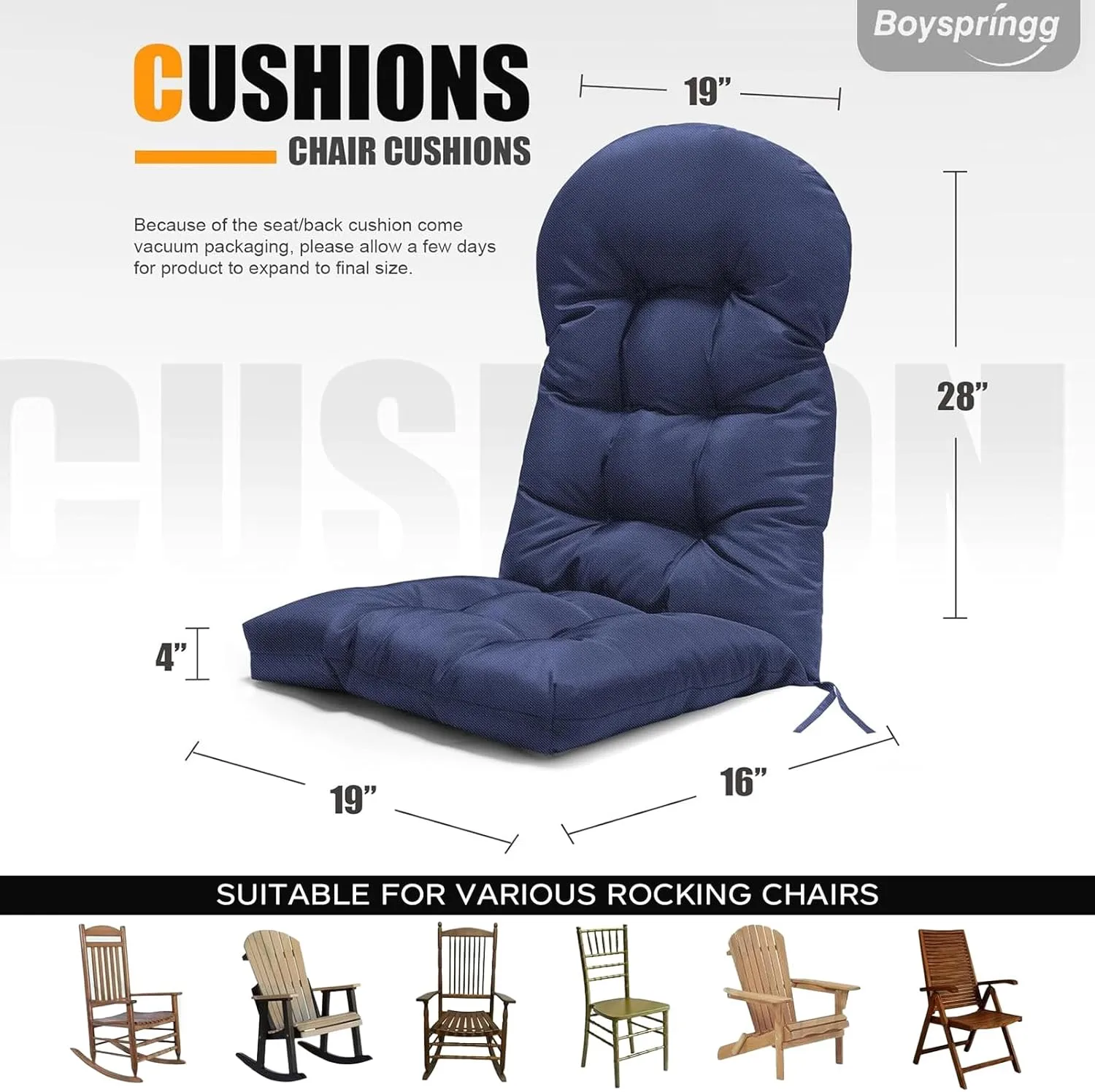 Patio Chair Cushions High Back Thicked Chair Pad Adirondack Chair Cushion, Waterproof and Fade- Resistant Patio Chairs Cushion Throw Rocking Chair Cushions Outdoor and Indoor,43in*20in (Blue)